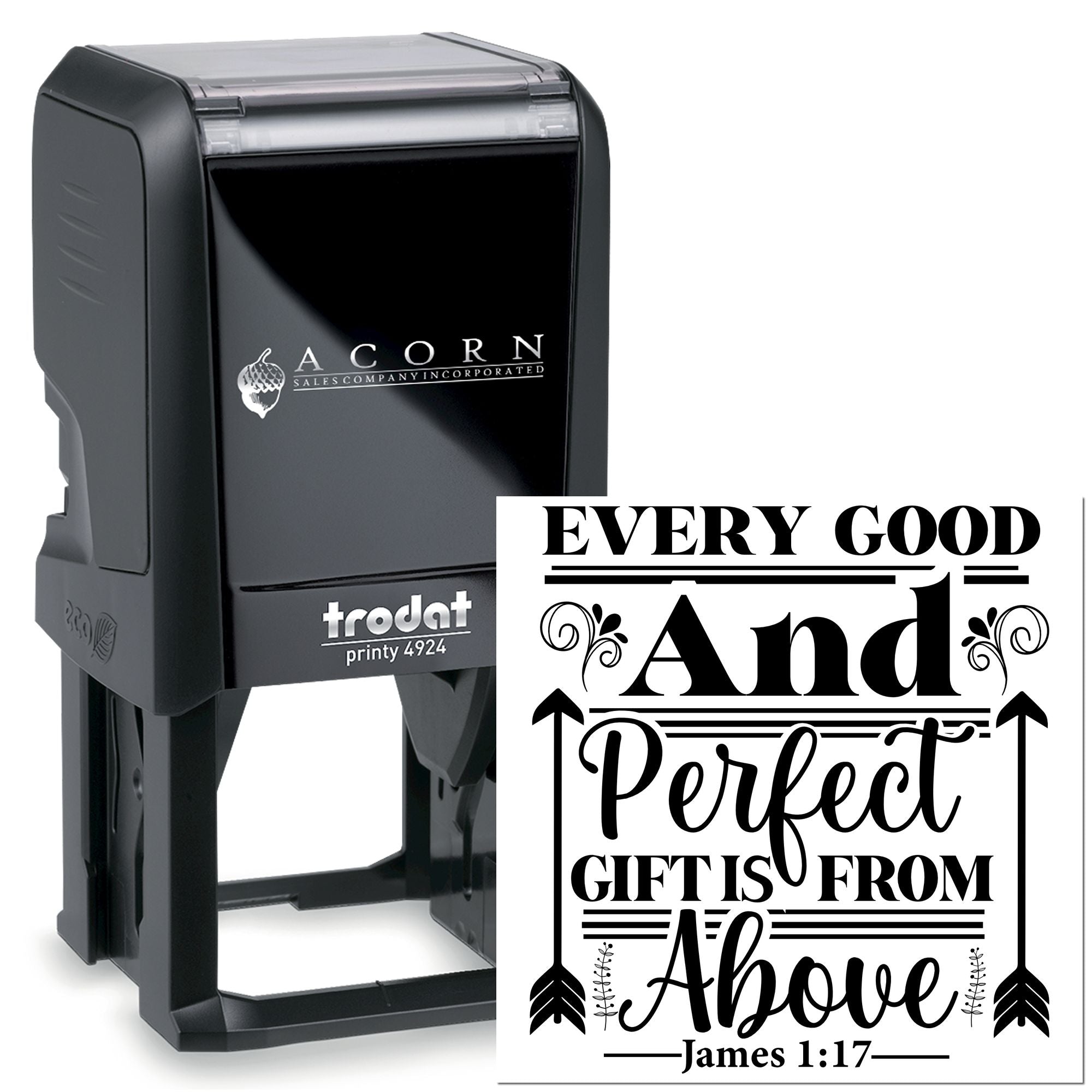 Custom Trodat self-inking rubber stamp with Bible verse James 1:17: Every good and perfect gift is from above.