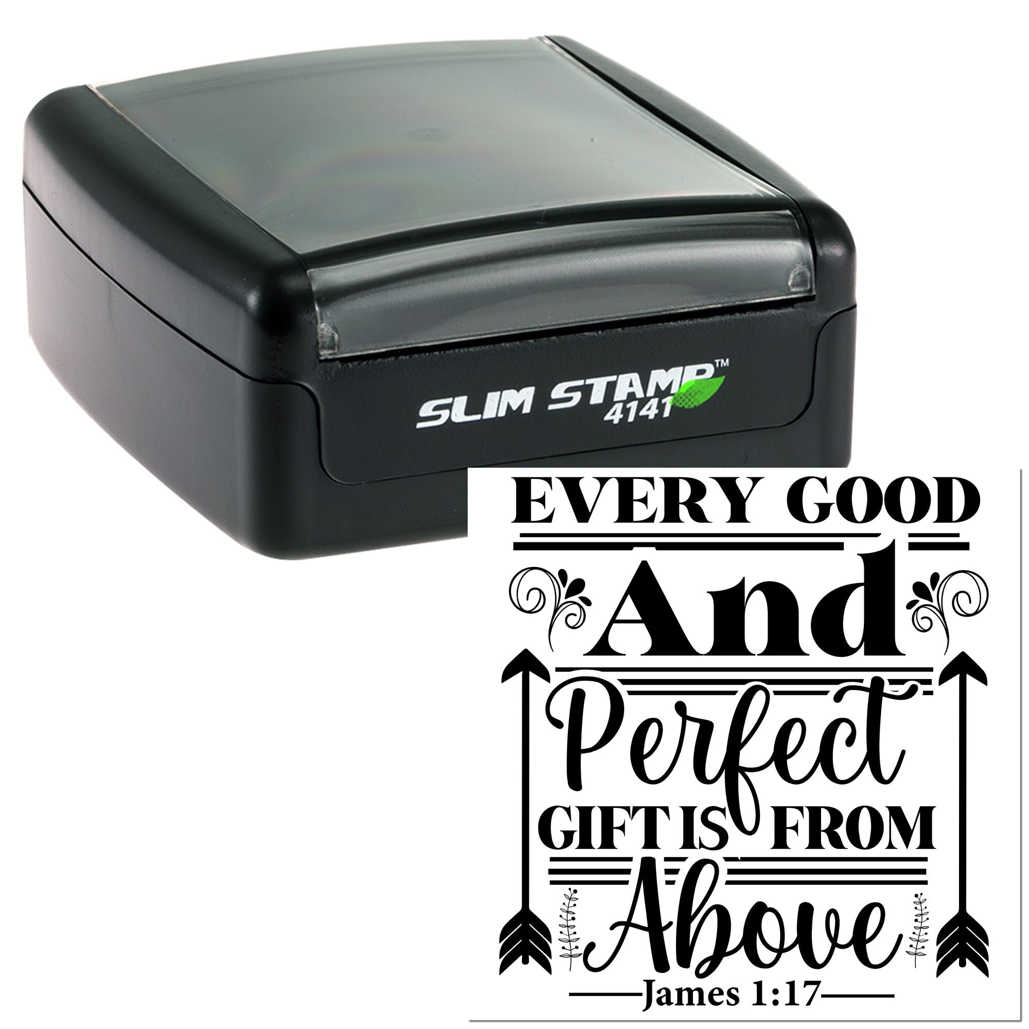 Self-inking slim rubber stamp with James 1:17 scripture for Christian gifts and packaging.