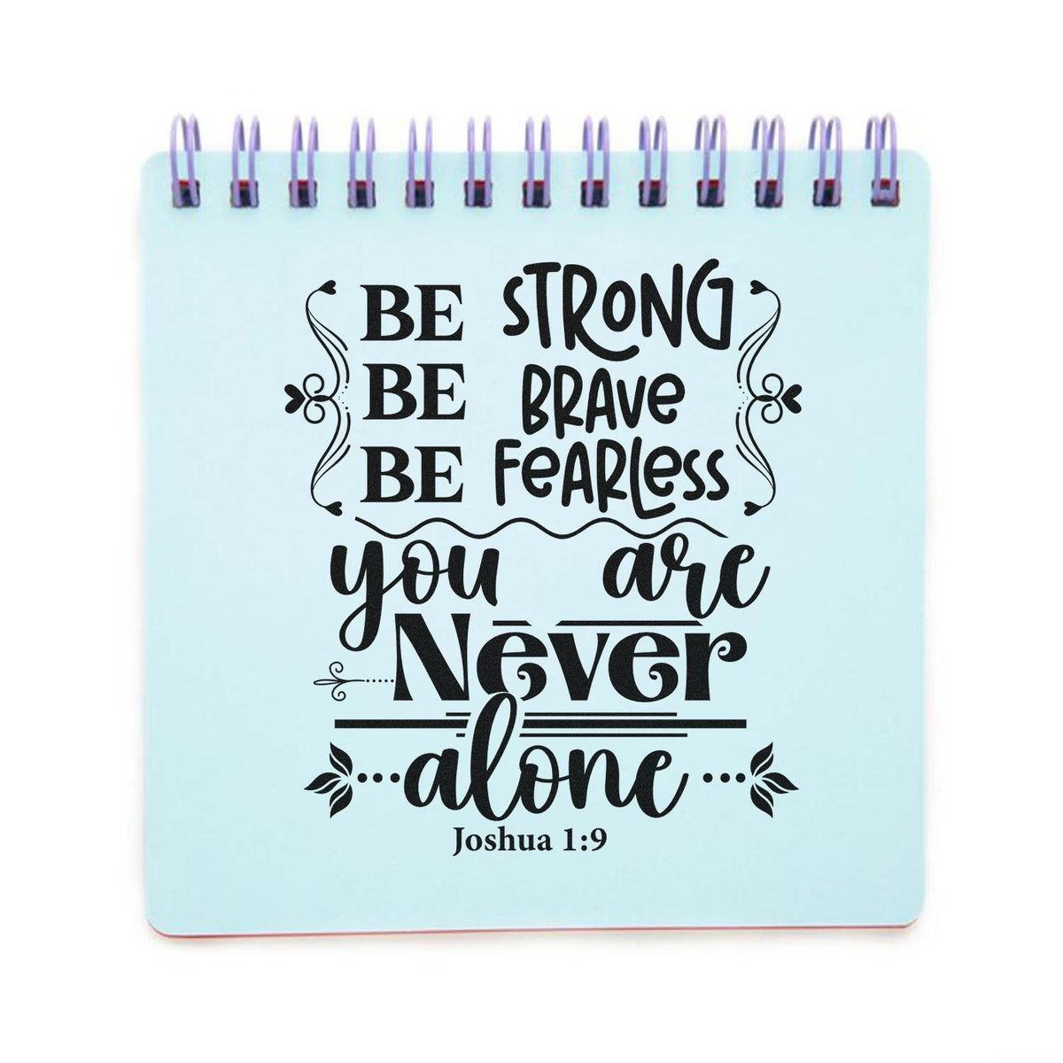 Vintage Pro Never Alone Ornamental Premium Wooden Stamp imprint stamped in black ink. Scrolls, arrows, and rules accent "Be strong, be brave, be fearless, you are never alone," with Joshua 1:9.