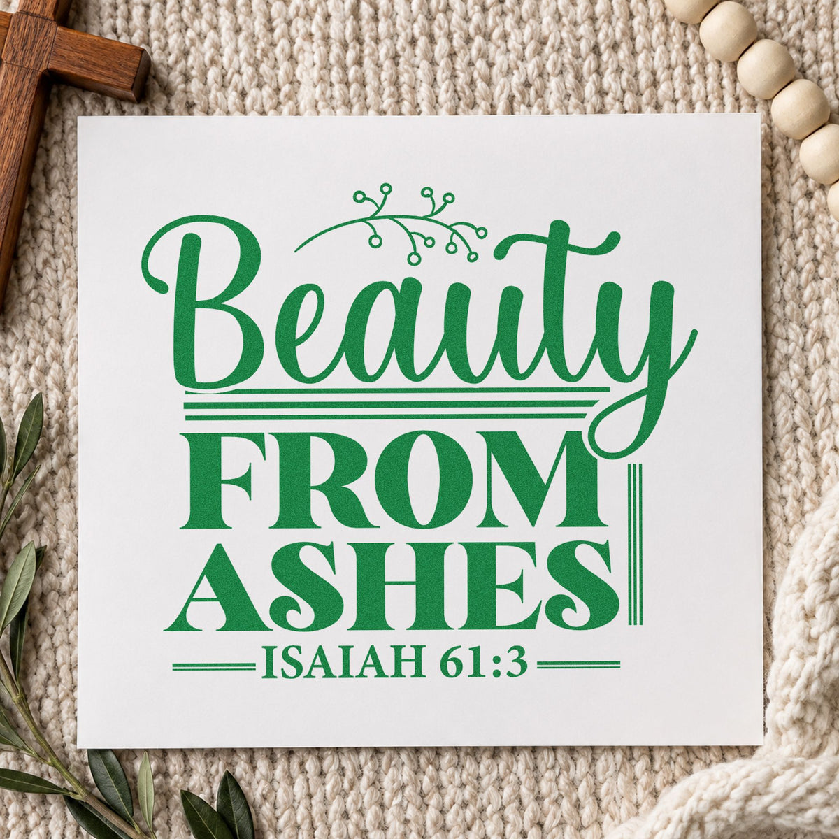 Beauty from Ashes Rules craft stamp imprint in green ink on a handmade project, one idea being divorce support notes.