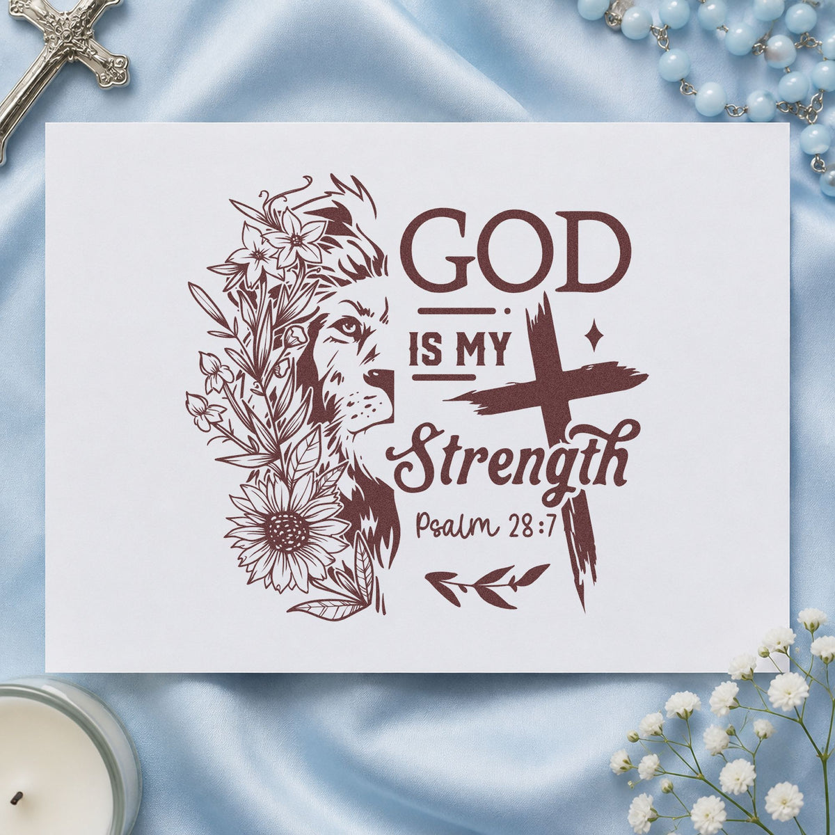 God Is My Strength Lion rubber stamp printed in brown ink, ready for strength pages and similar paper crafts.