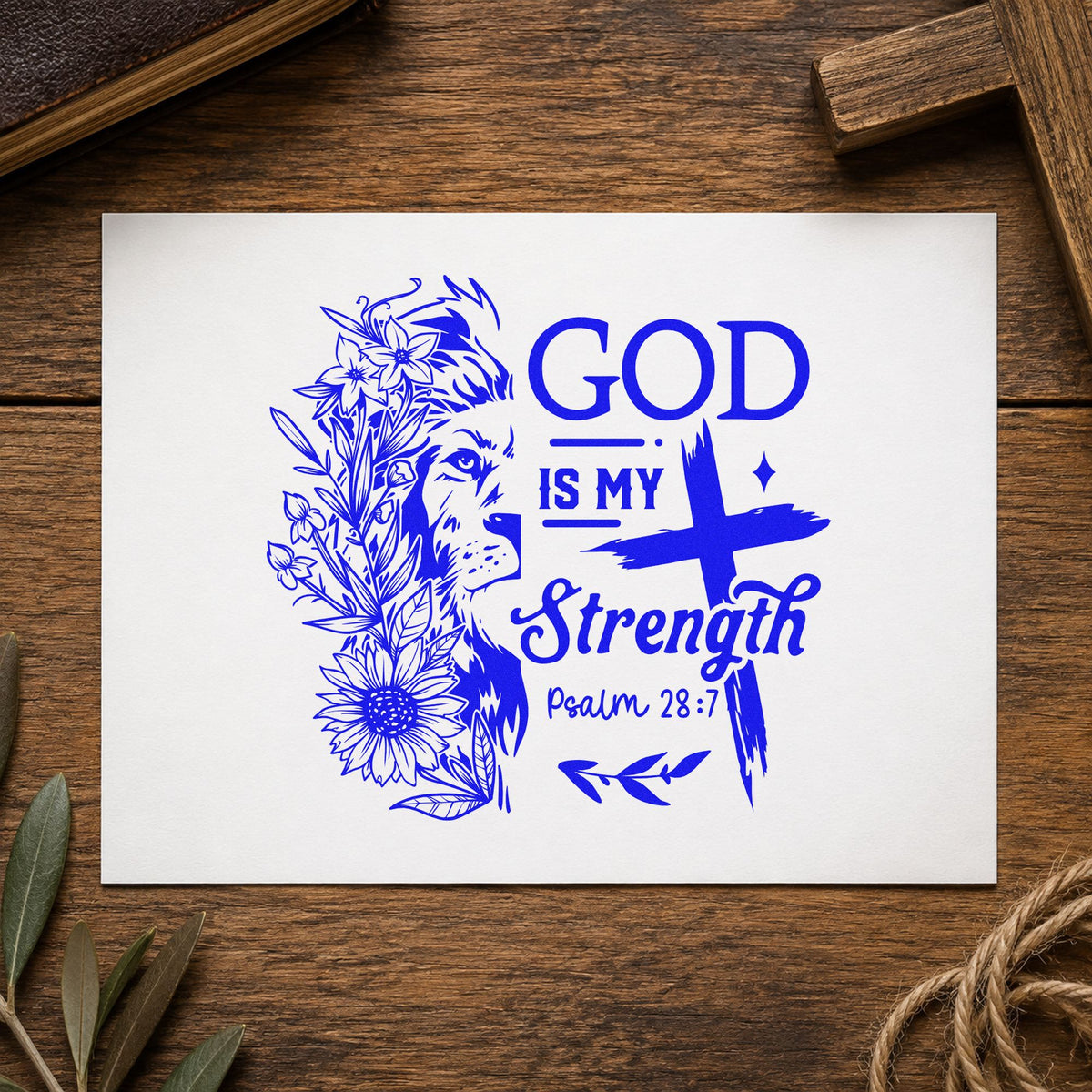 God Is My Strength Lion craft stamp in blue ink on cardstock, an easy option for tee transfers.