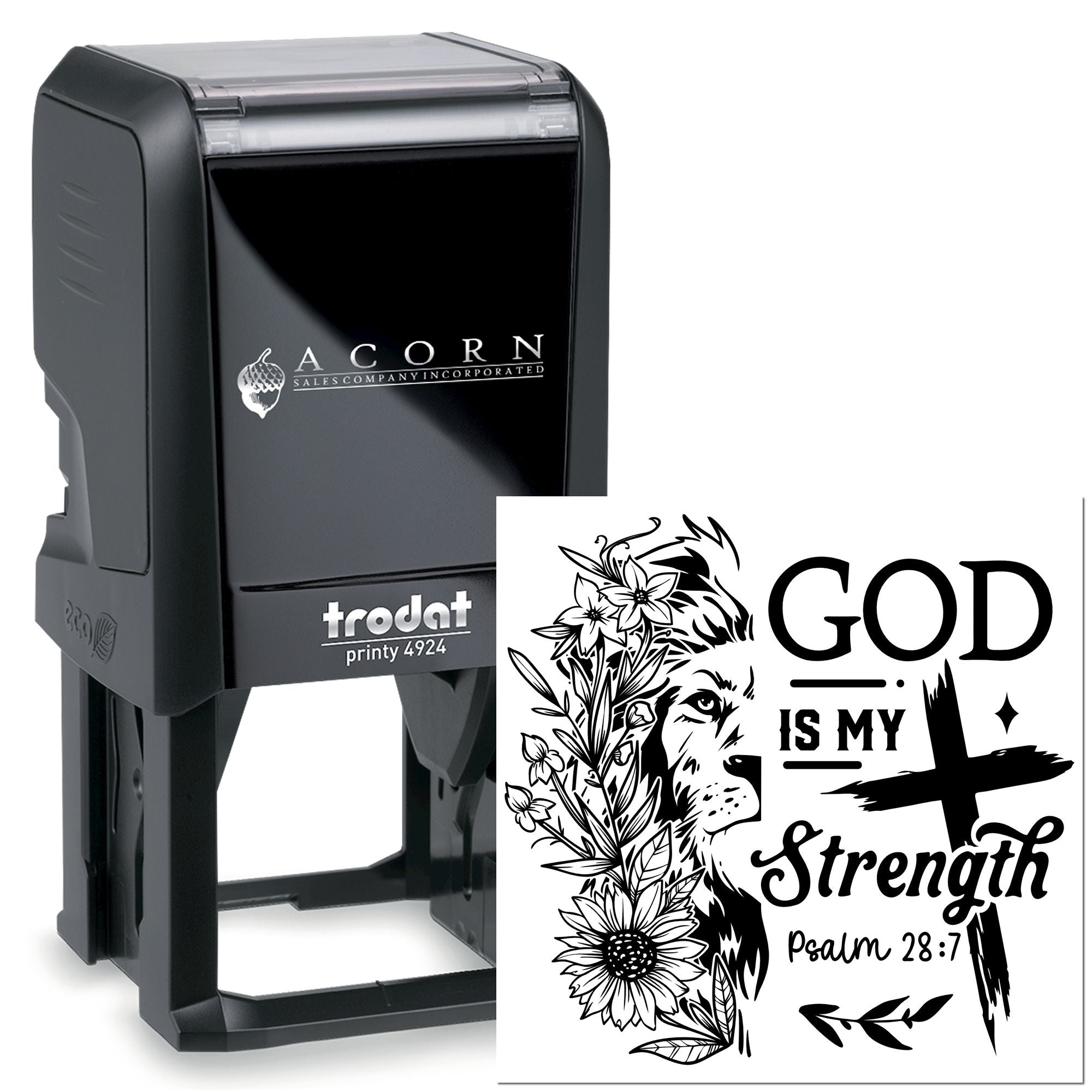 Self-inking custom rubber stamp with Bible verse design, God Is My Strength Psalm 28:7, for personalized branding.