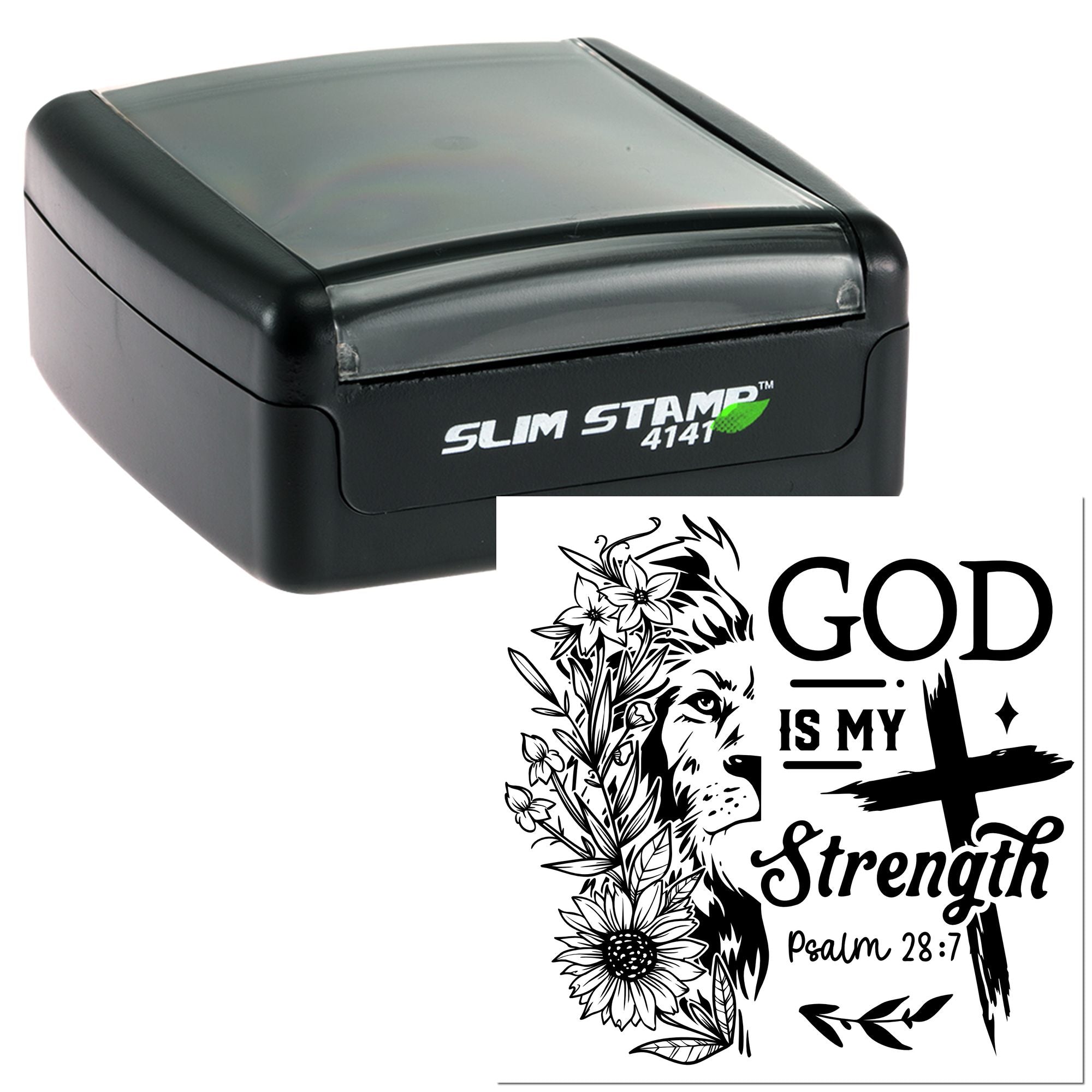 Slim self-inking rubber stamp with Christian lion design reading God Is My Strength and Psalm 28:7.