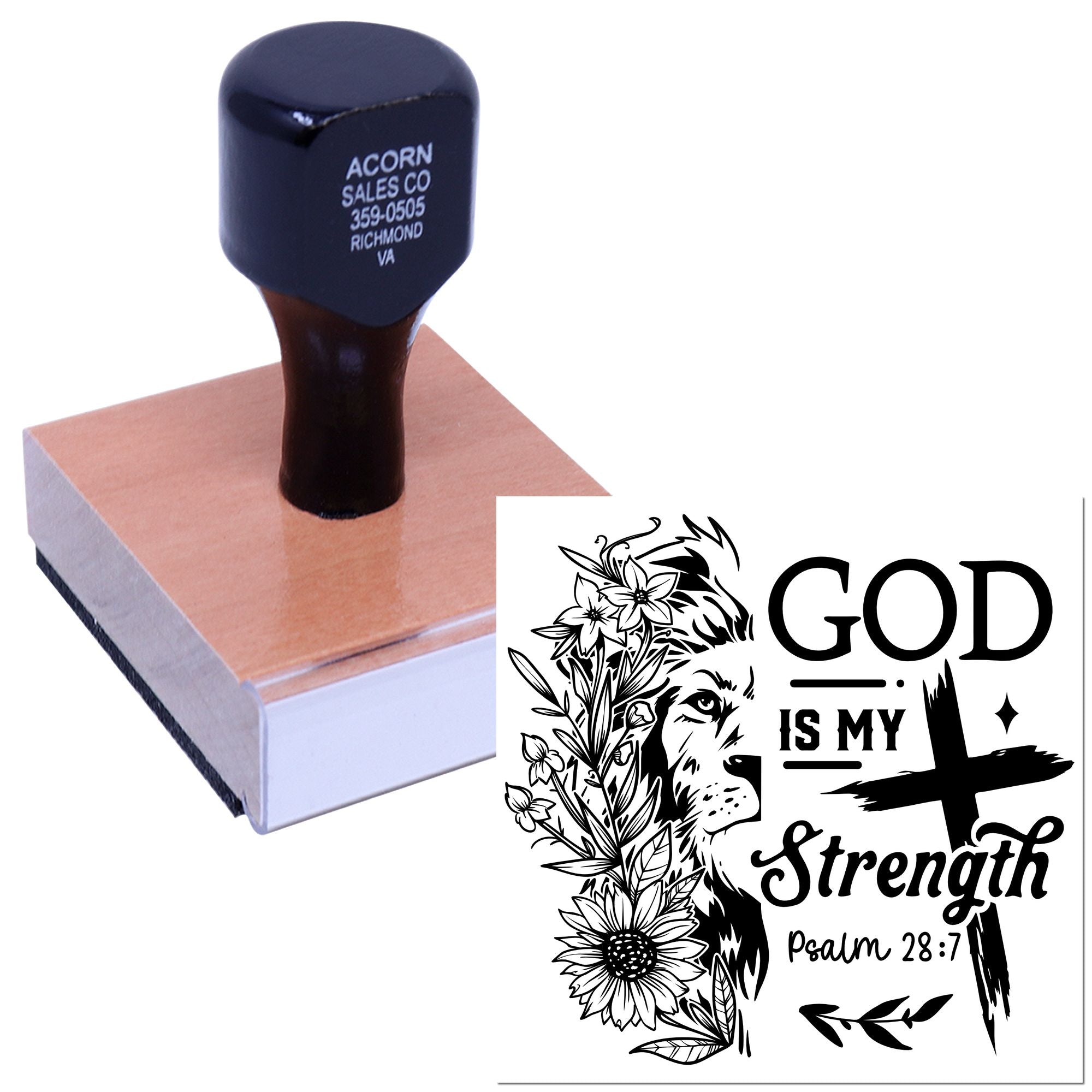 Custom rubber stamp imprint featuring God Is My Strength Psalm 28:7 lion and floral Christian design for faith-based crafts.