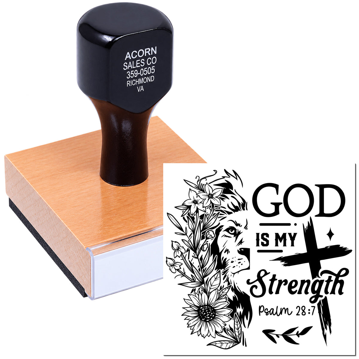 Custom rubber stamp imprint featuring God Is My Strength Psalm 28:7 lion and floral Christian design for faith-based crafts.