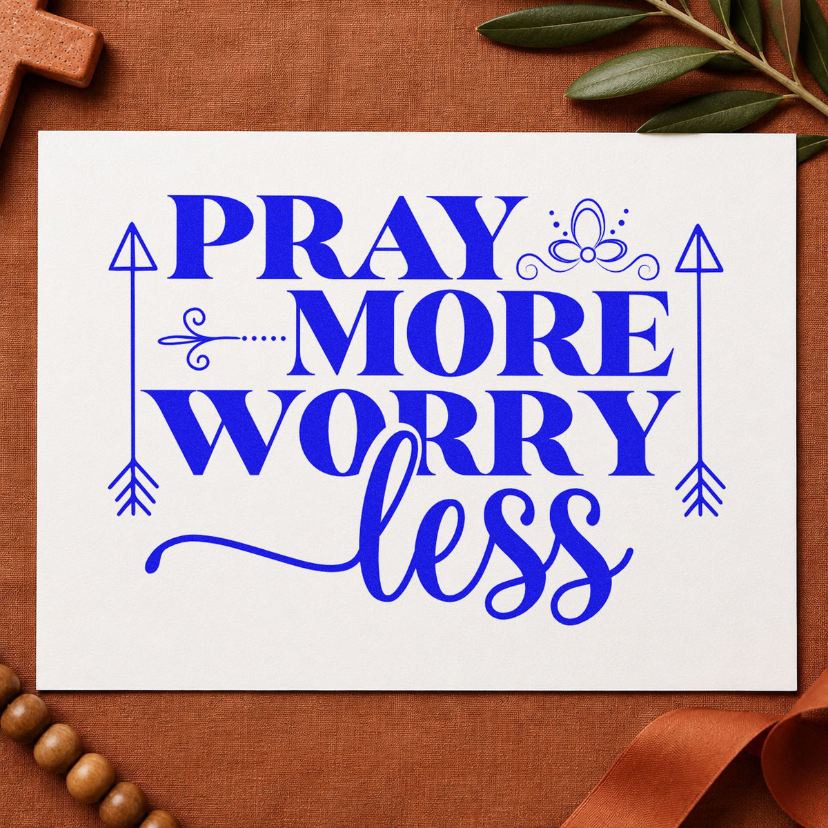 Pray More Worry Less Arrows craft stamp in blue ink on cardstock, an easy option for canvas totes.