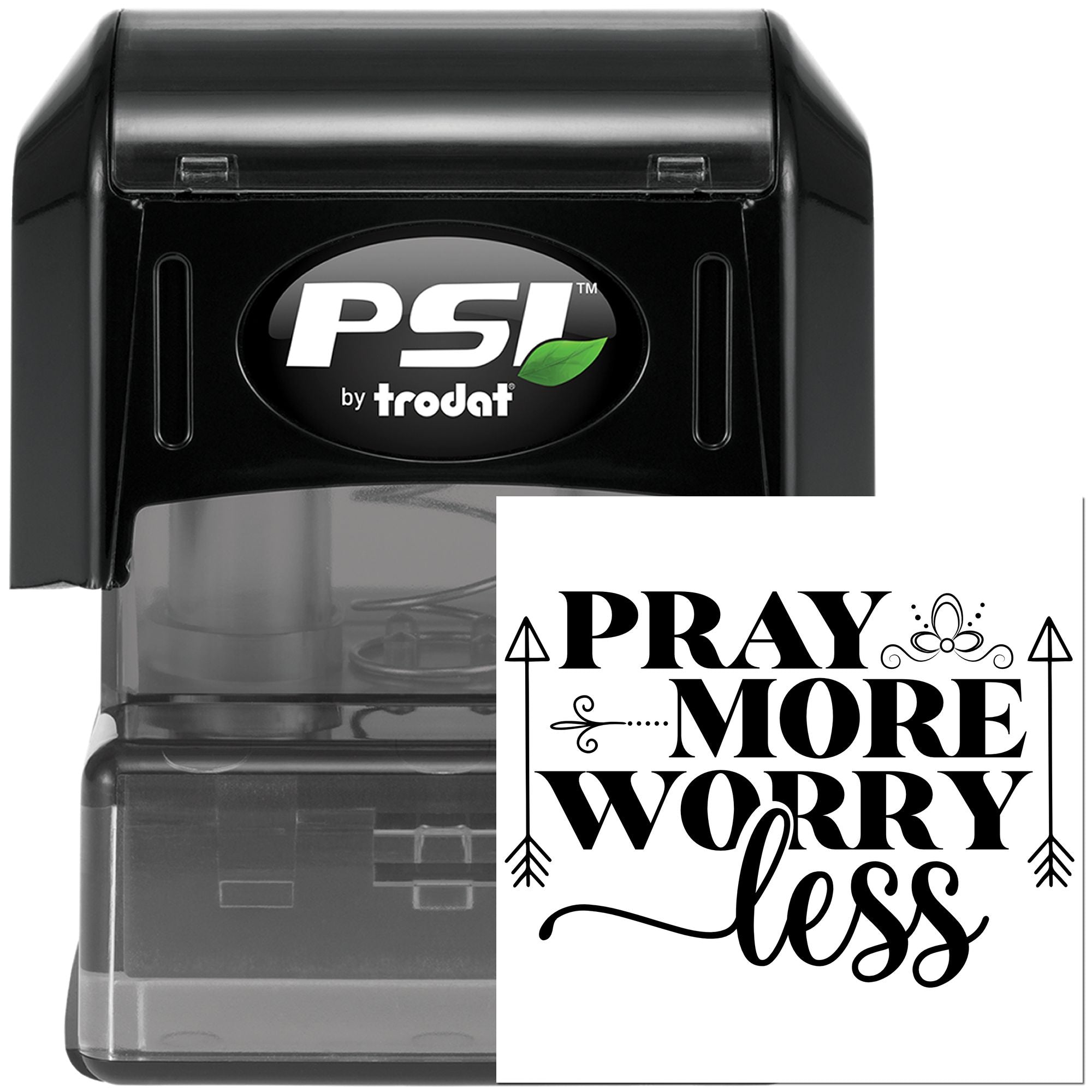 PSI by Trodat self-inking rubber stamp with Pray More Worry Less design for faith-based messages.