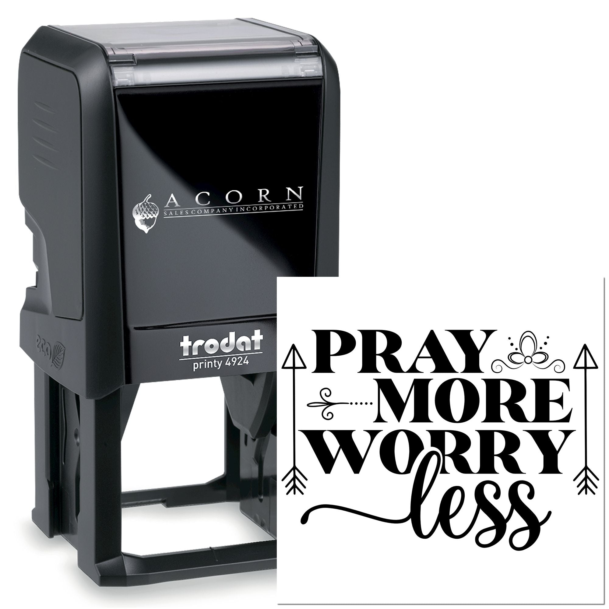 Trodat Printy 4924 custom rubber stamp with Pray More Worry Less quote for faith-based crafting.