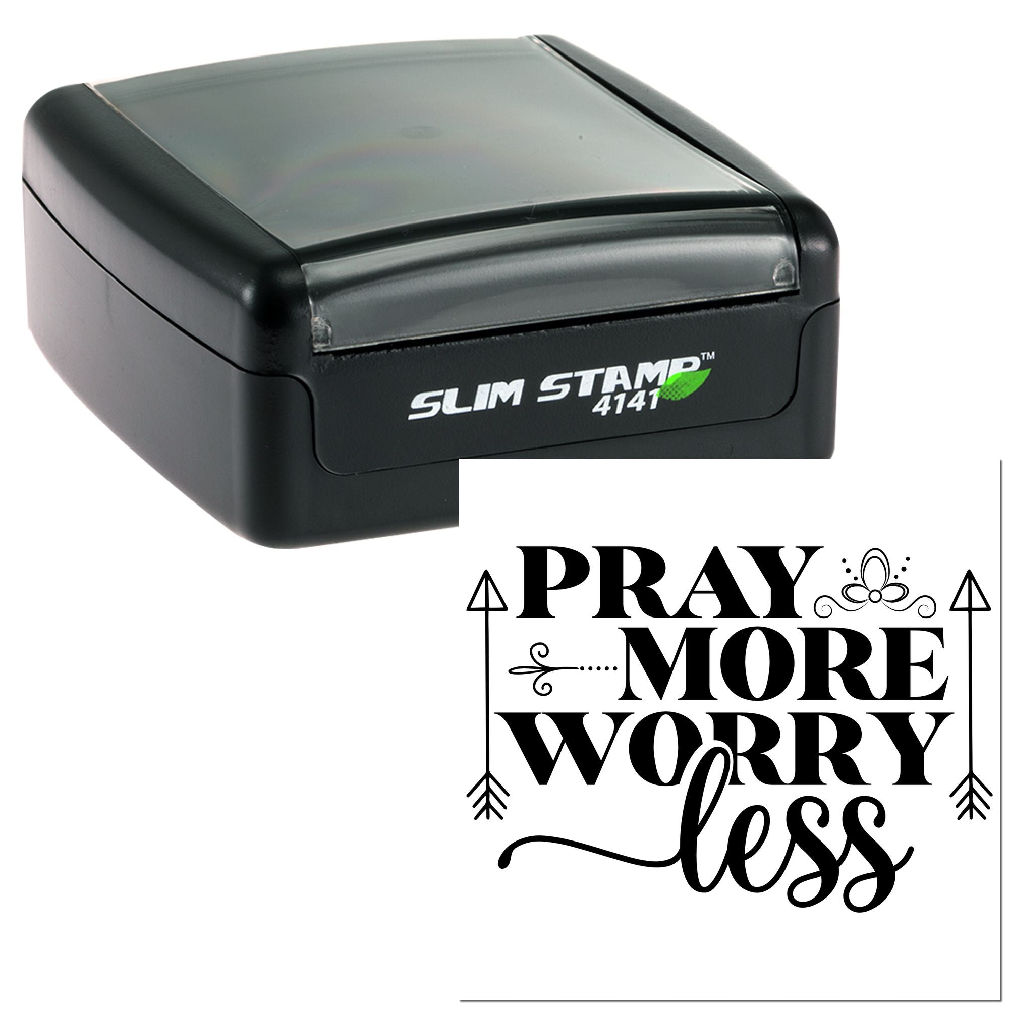 Self-inking rubber stamp with Pray More Worry Less design for inspirational faith-based cards, crafts and journaling.