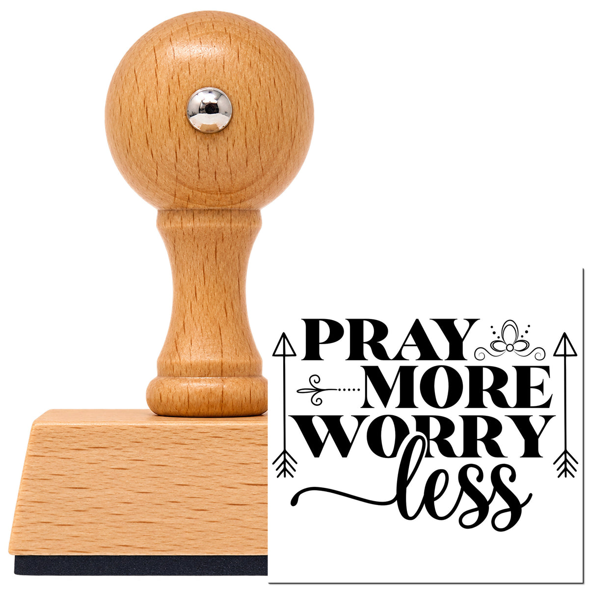 Pray More Worry Less Arrows Vintage Pro rubber stamp in European beech wood with a round knob handle, shown beside its black imprint.