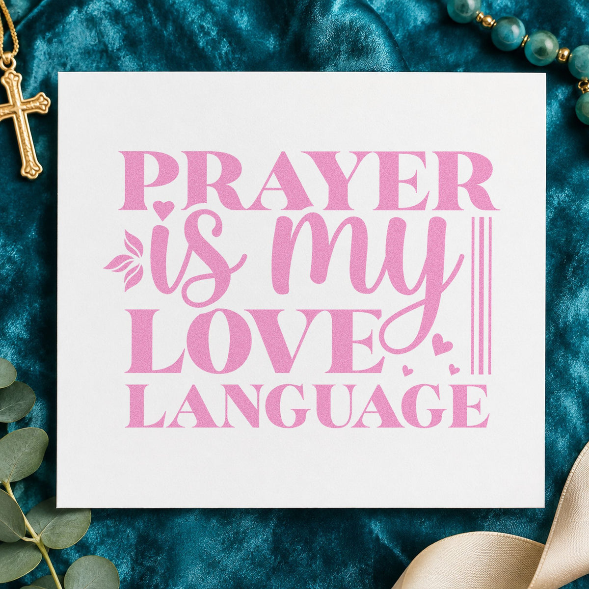 Prayer Is My Love Language Bold craft stamp in purple ink on cardstock, an easy option for prayer partner gifts.