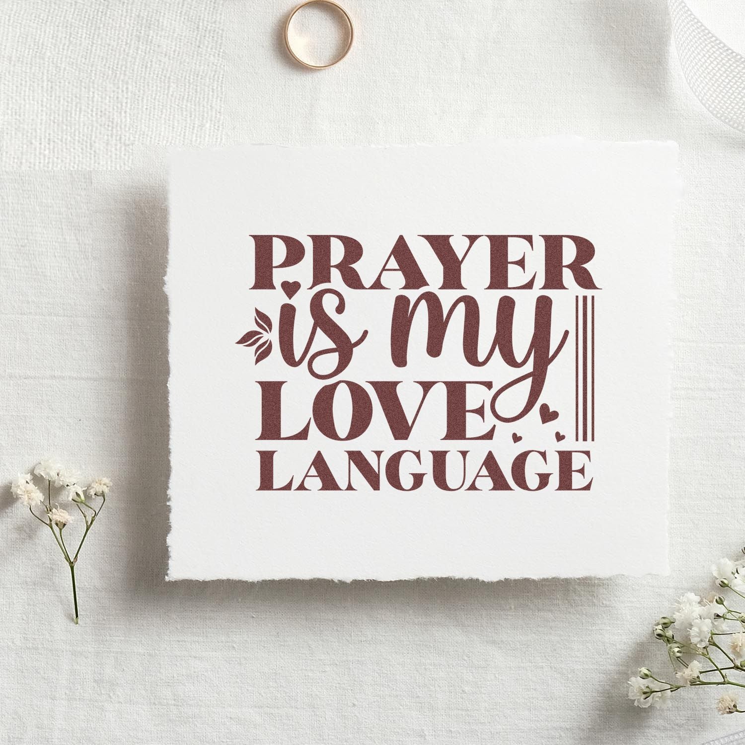 Prayer is my love language rubber stamp on fabric swatch, ideal for Christian crafts, handmade gifts, and faith decor.