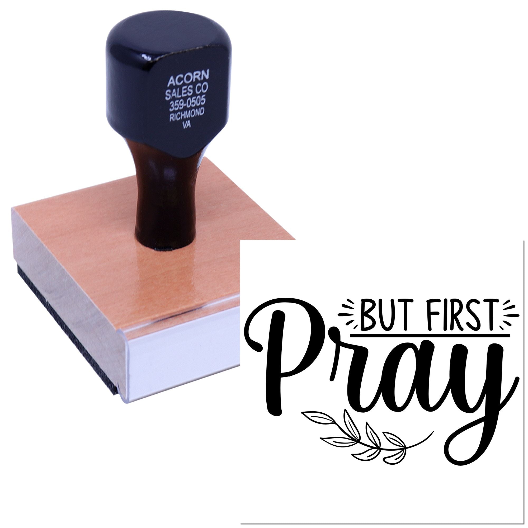 Custom rubber stamp with But First Pray design for faith-based crafts, cards, and church stationery.