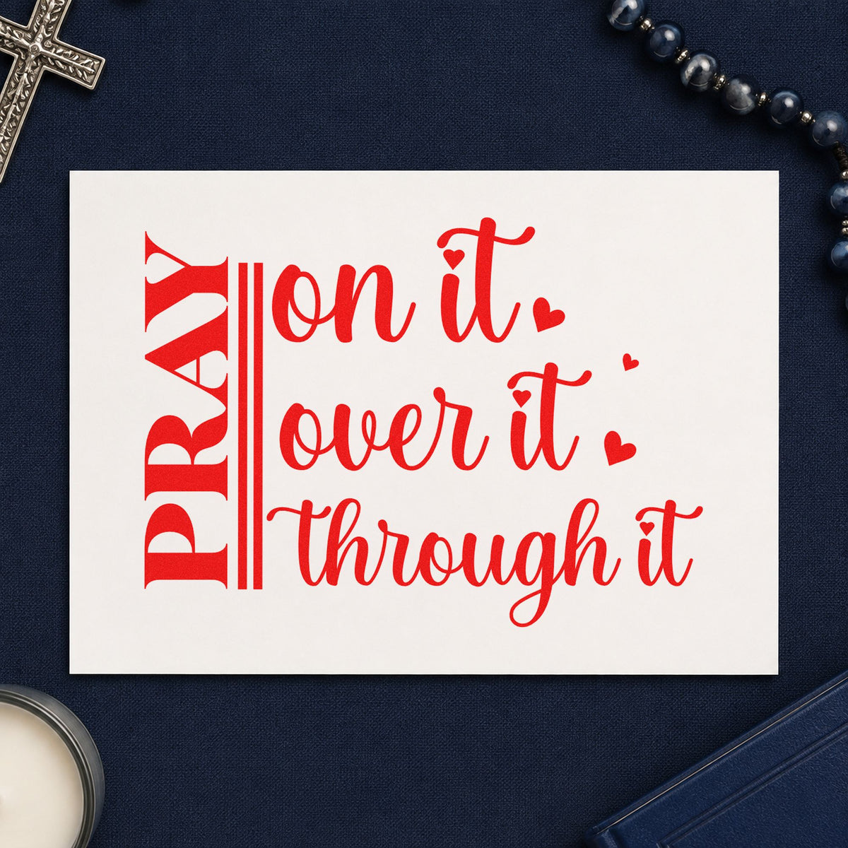 Pray on It Heart Script rubber stamp shown in red ink, stamped for projects such as planner side tabs.