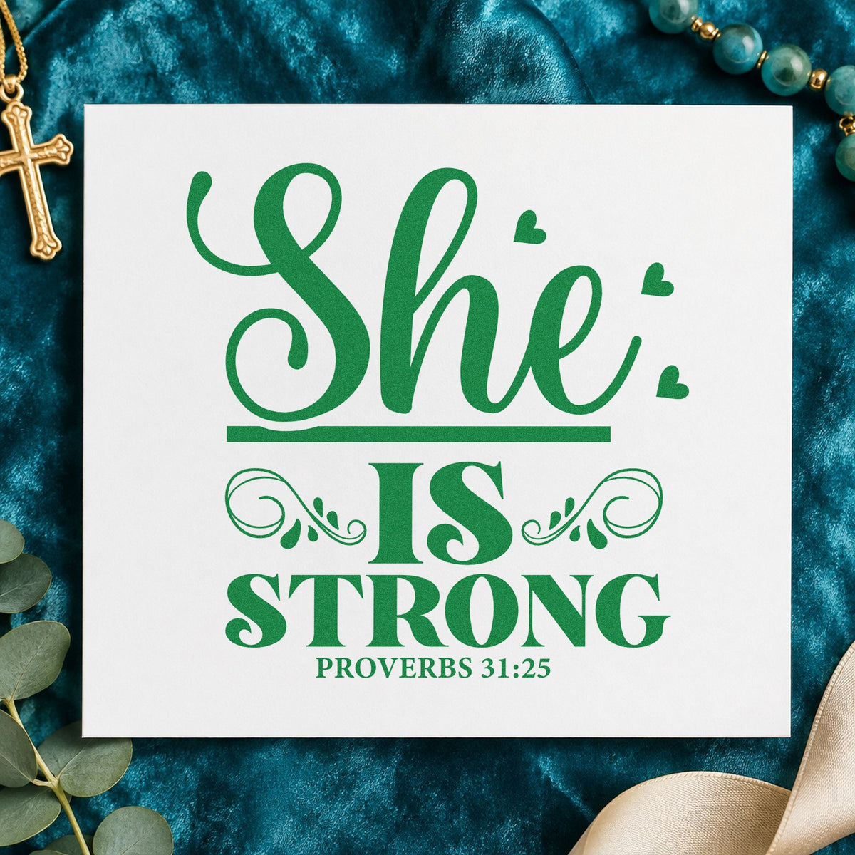 She Is Strong Ornamental craft stamp imprint in green ink on a handmade project, one idea being bridal shower favors.