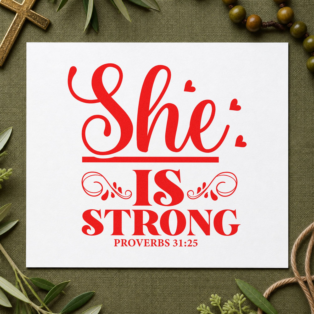She Is Strong Ornamental rubber stamp shown in red ink, stamped for projects such as widow support notes.