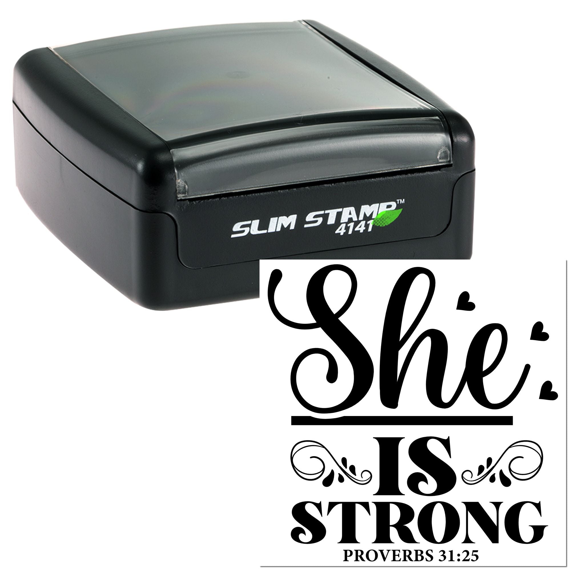 Self-inking custom rubber stamp with She Is Strong Proverbs 31:25 design for faith-based crafts and packaging.