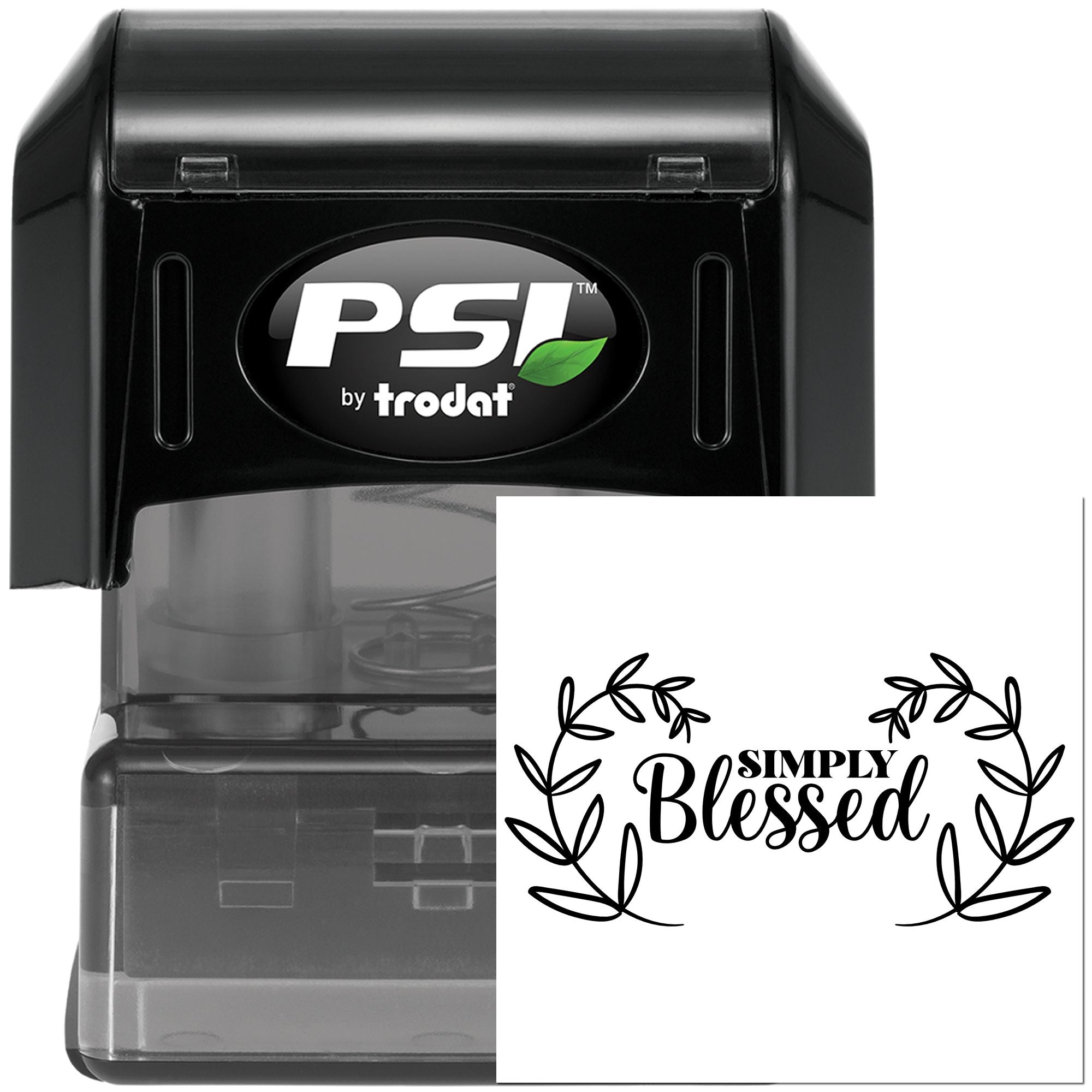 PSI by Trodat self-inking rubber stamp with Simply Blessed floral wreath design for personalized faith crafts and stationery.