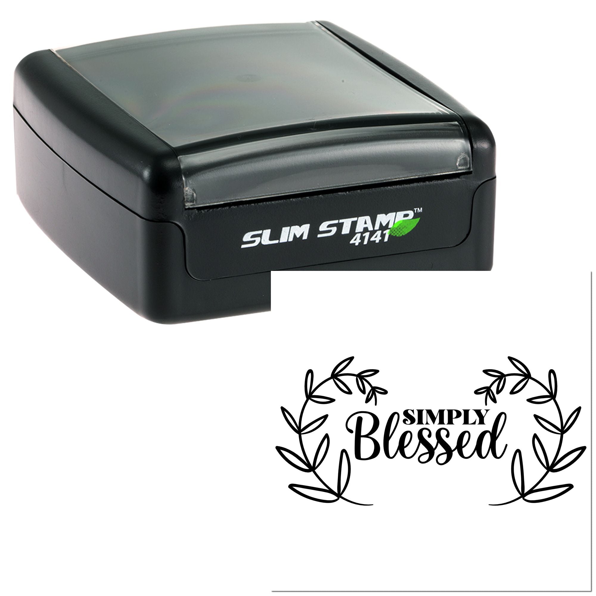 Slim Stamp 4141 self-inking rubber stamp featuring a Simply Blessed wreath design