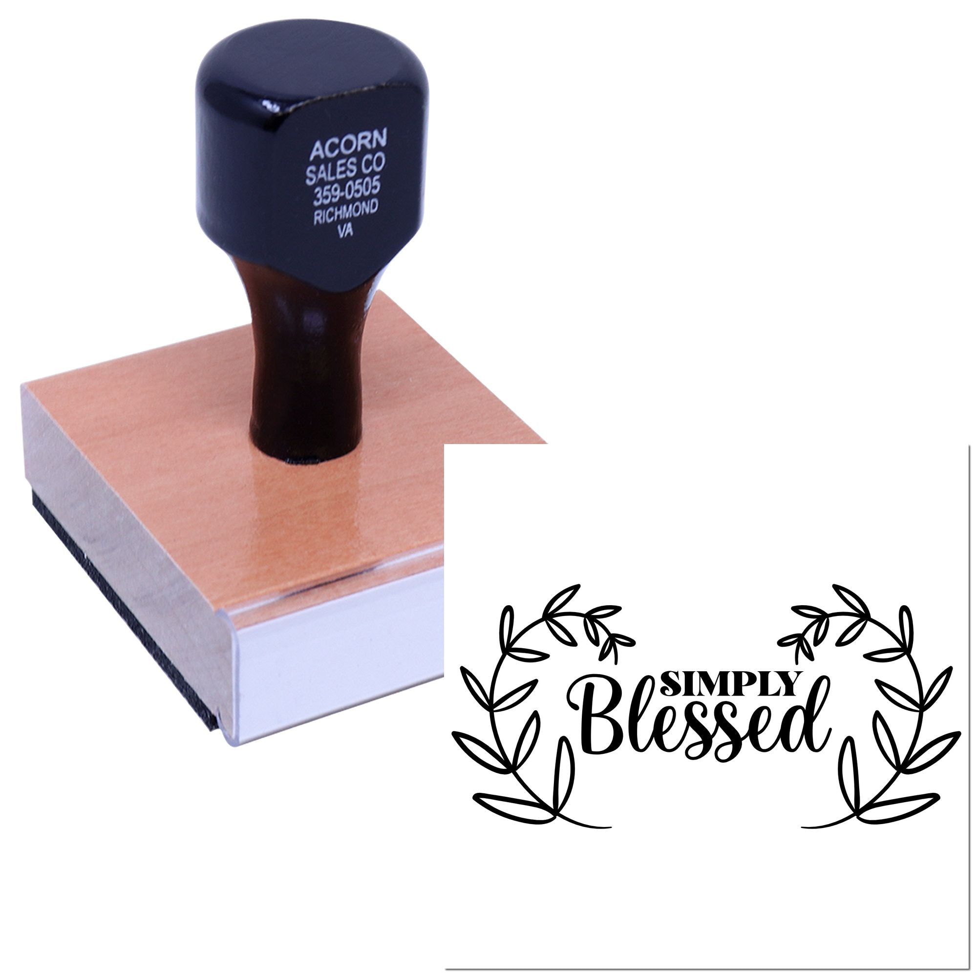 Personalized rubber stamp with Simply Blessed wreath design, ideal for faith gifts, cards, and handmade crafts.