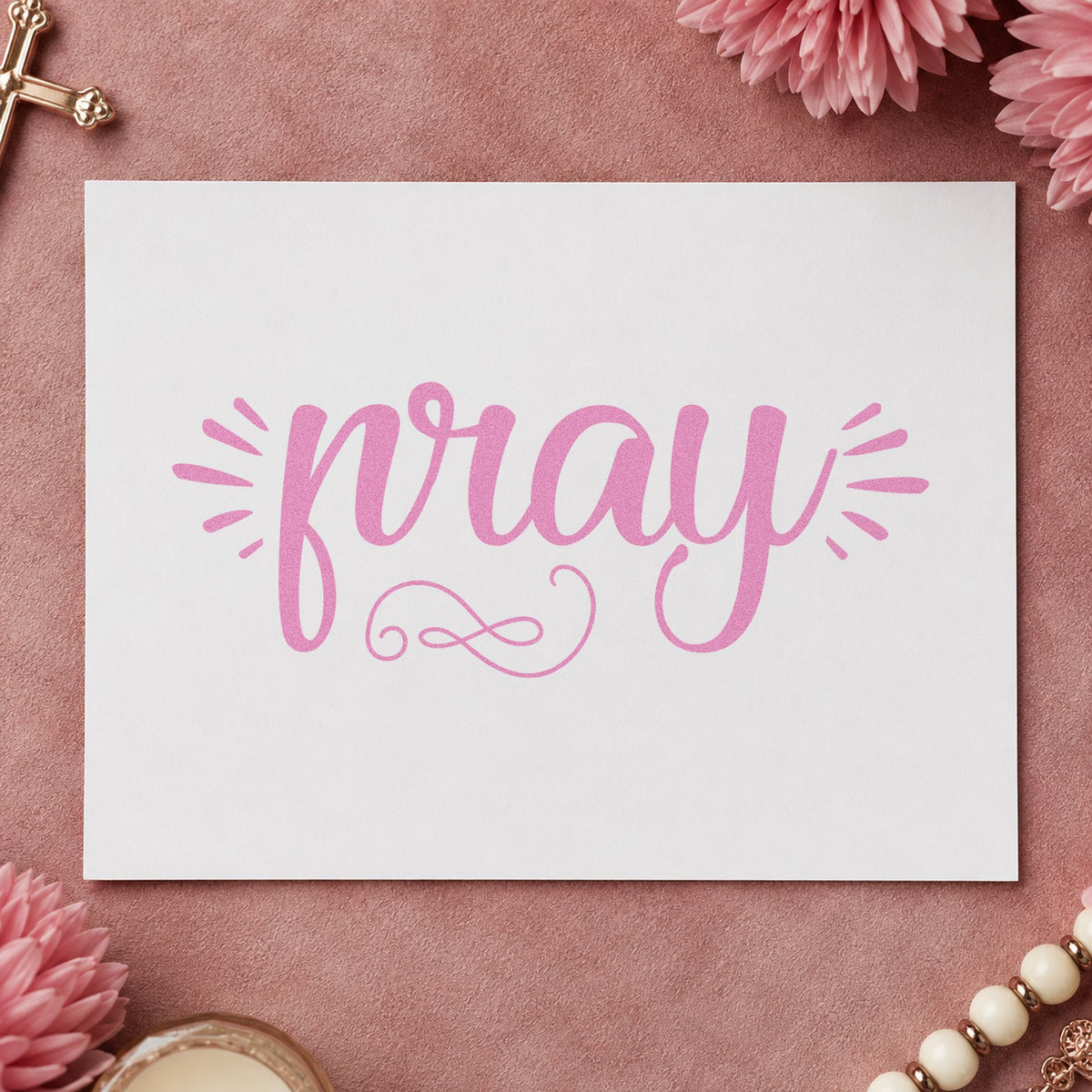 Pray Radiating Script craft stamp in purple ink on cardstock, an easy option for prayer request cards.