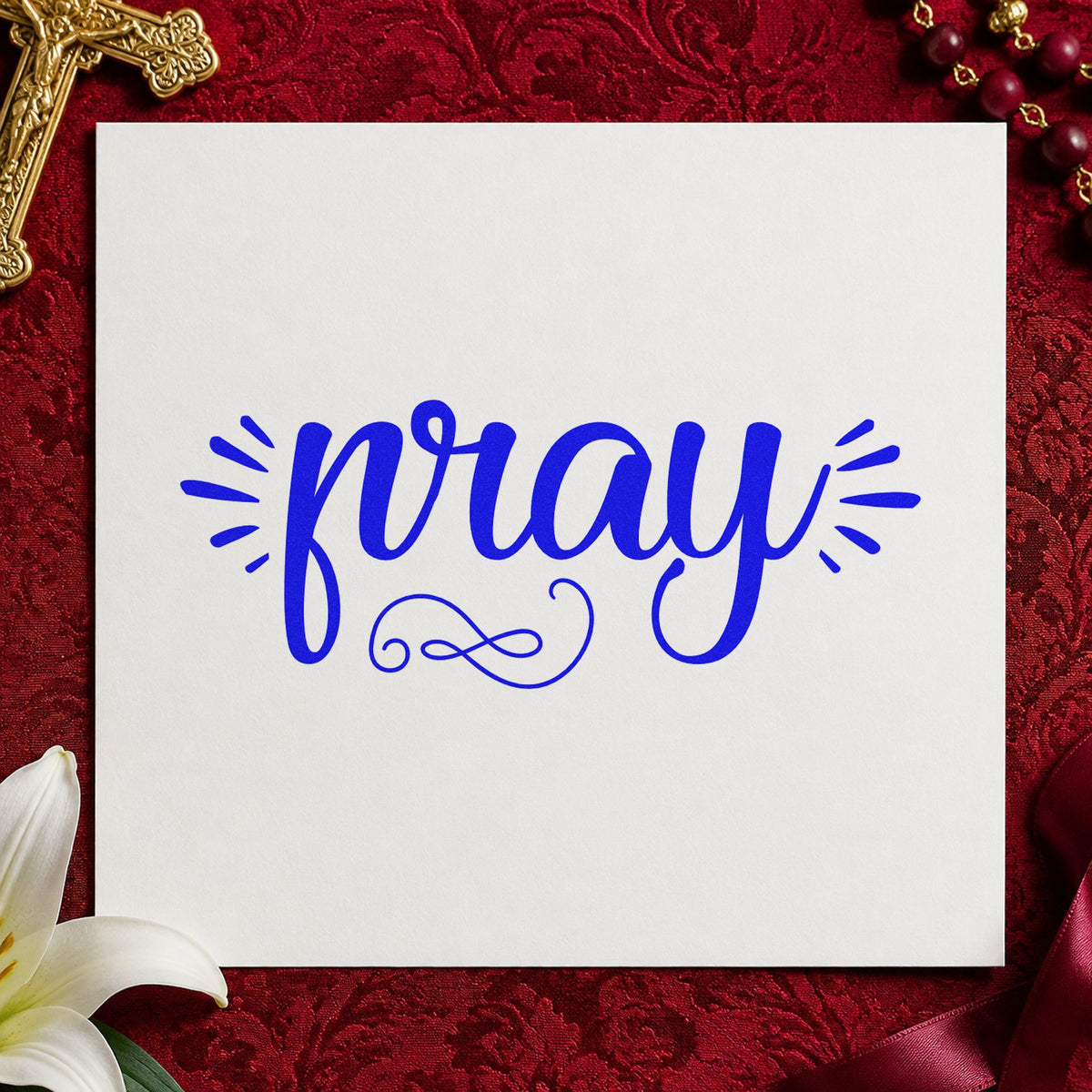 Pray Radiating Script craft stamp in blue ink on cardstock, an easy option for tee transfers.