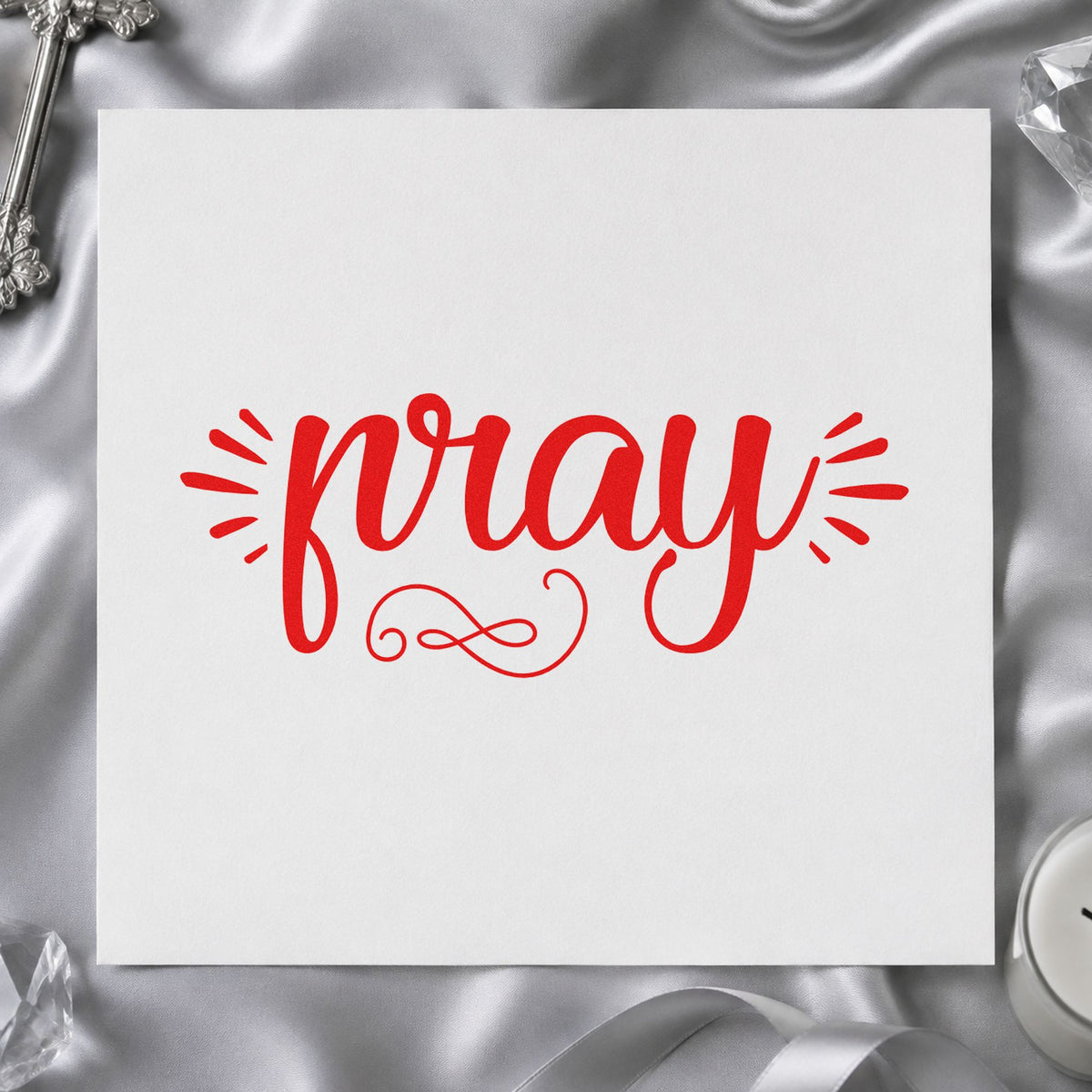 Pray Radiating Script rubber stamp shown in red ink, stamped for projects such as bookmark crafts.