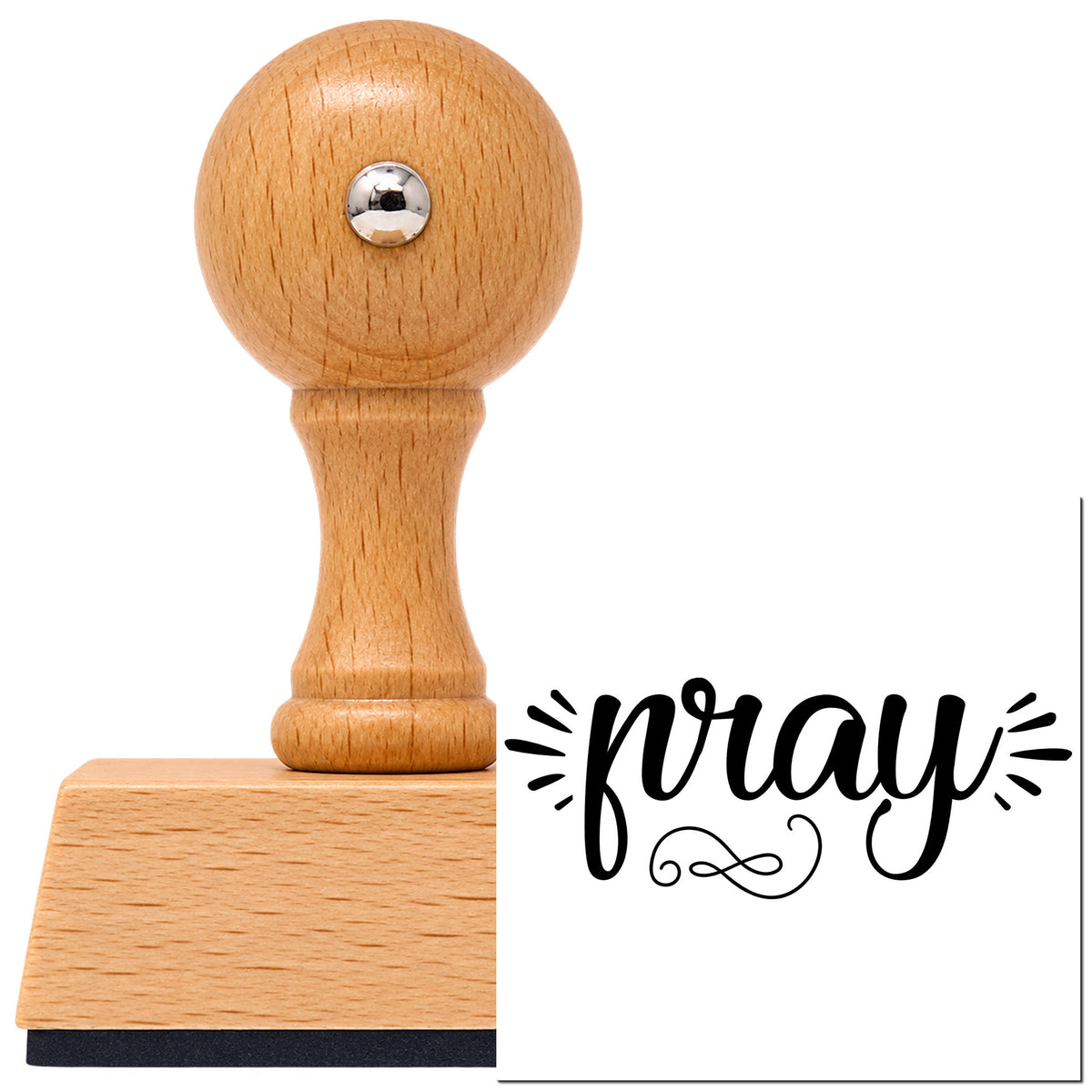 Pray Radiating Script Lettering Vintage Pro rubber stamp in European beech wood with a round knob handle, shown beside its black imprint.