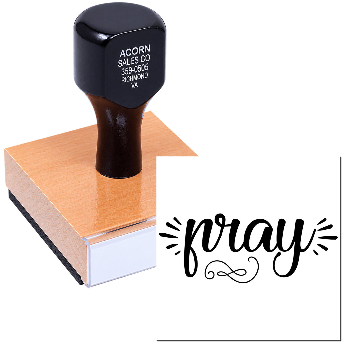 Custom rubber stamp with pray script design for faith-based cards, crafts, and packaging.