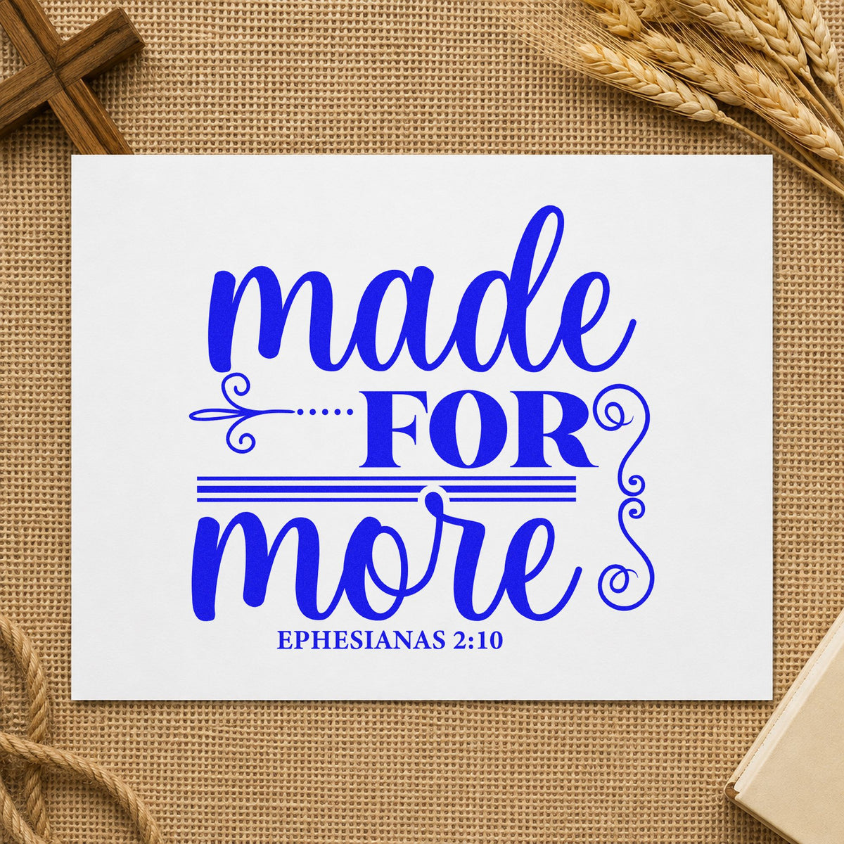 Made for More craft stamp in blue ink on cardstock, an easy option for canvas totes.