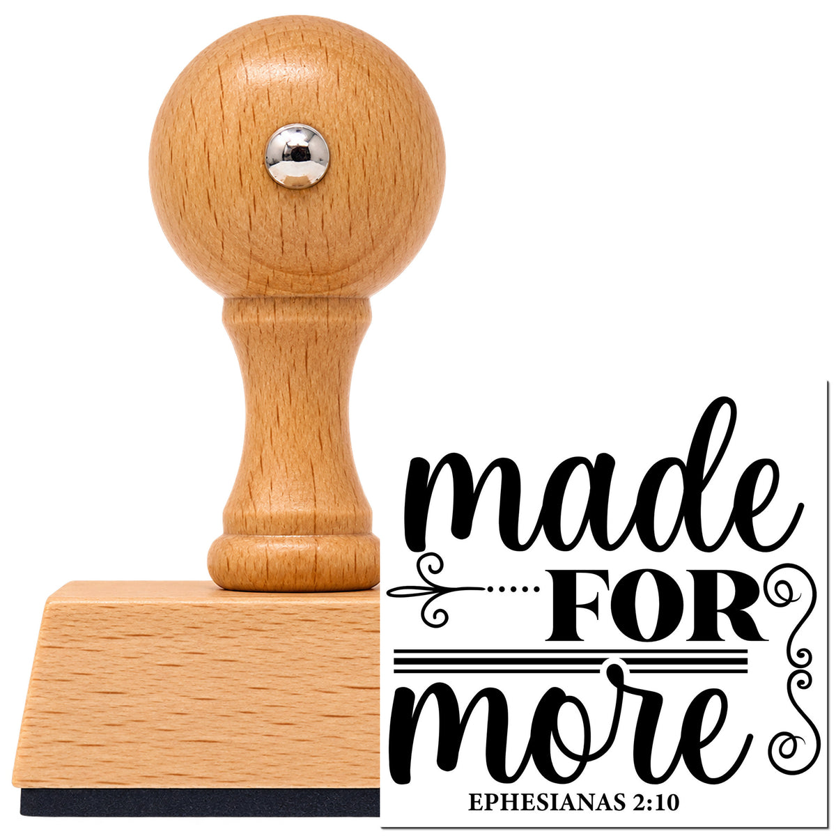Made For More Vintage Pro rubber stamp in European beech wood with a round knob handle, shown beside its black imprint.