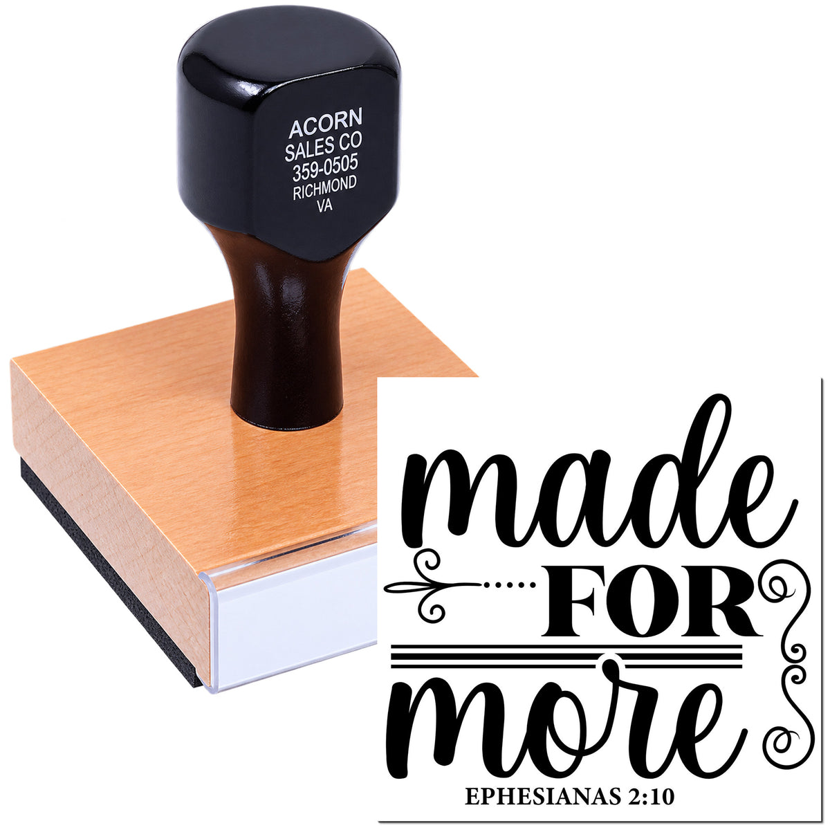 Custom Christian rubber stamp with Made for More and Ephesians 2:10 verse for faith-based crafts and branding.