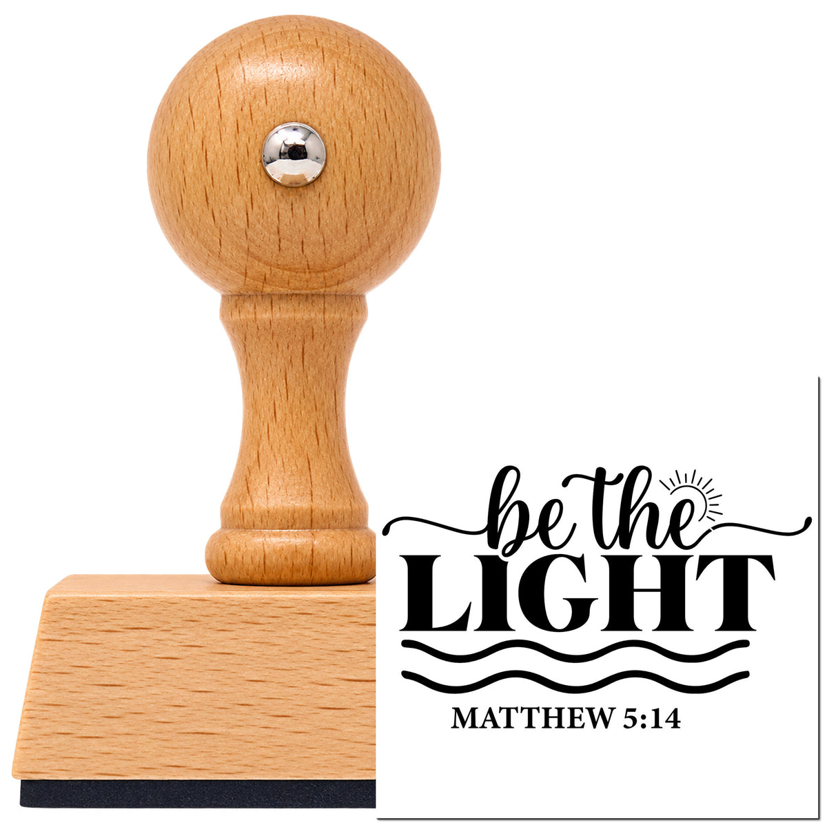 Be The Light Waves Vintage Pro rubber stamp in European beech wood with a round knob handle, shown beside its black imprint.