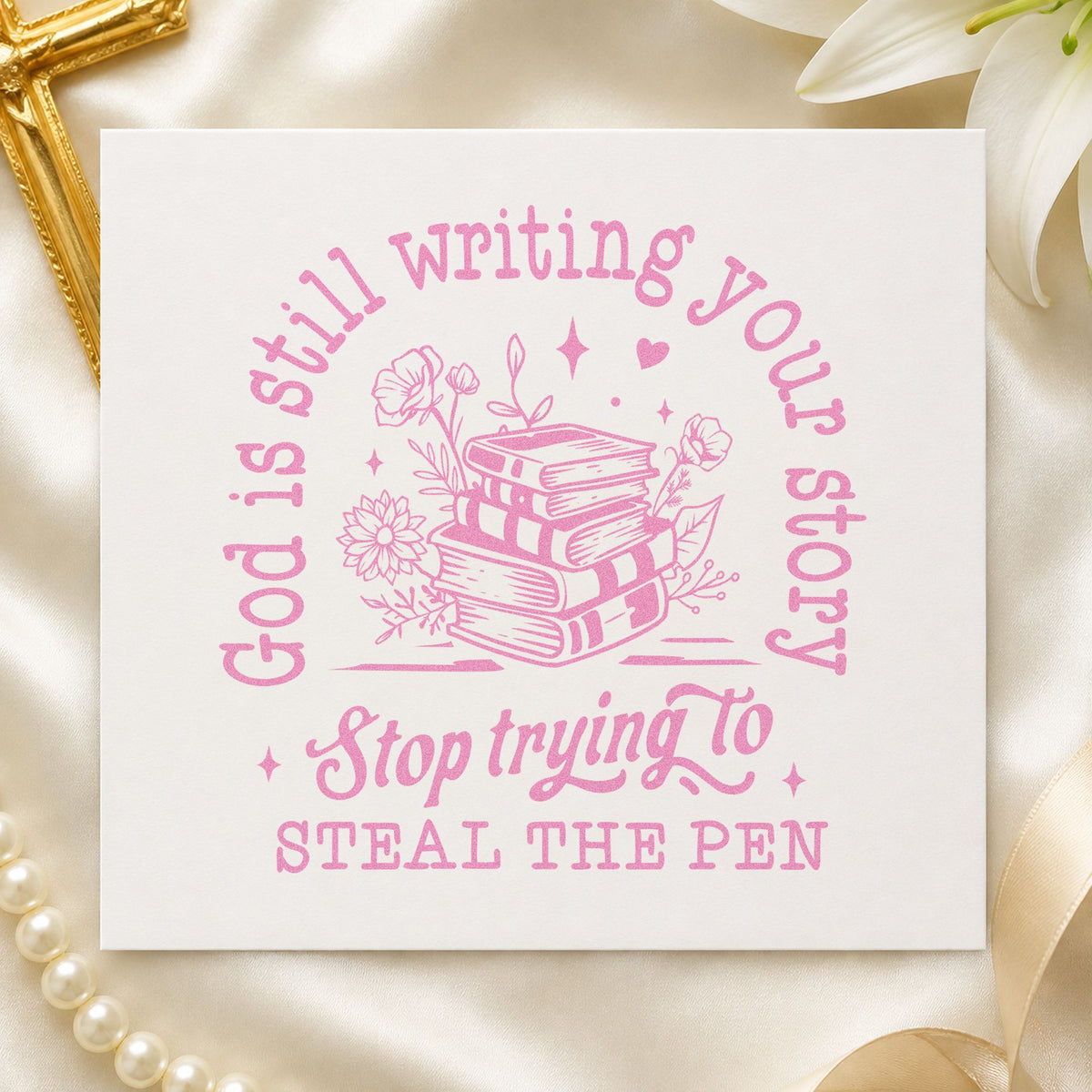 God Is Writing Your Story Books craft stamp in purple ink on cardstock, an easy option for writer gift tags.