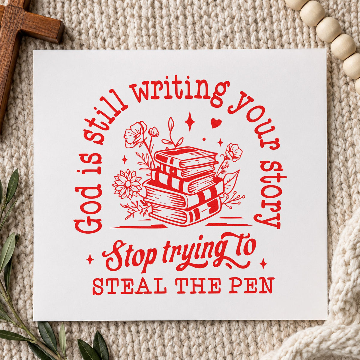 God Is Writing Your Story Books rubber stamp shown in red ink, stamped for projects such as graduation cards.