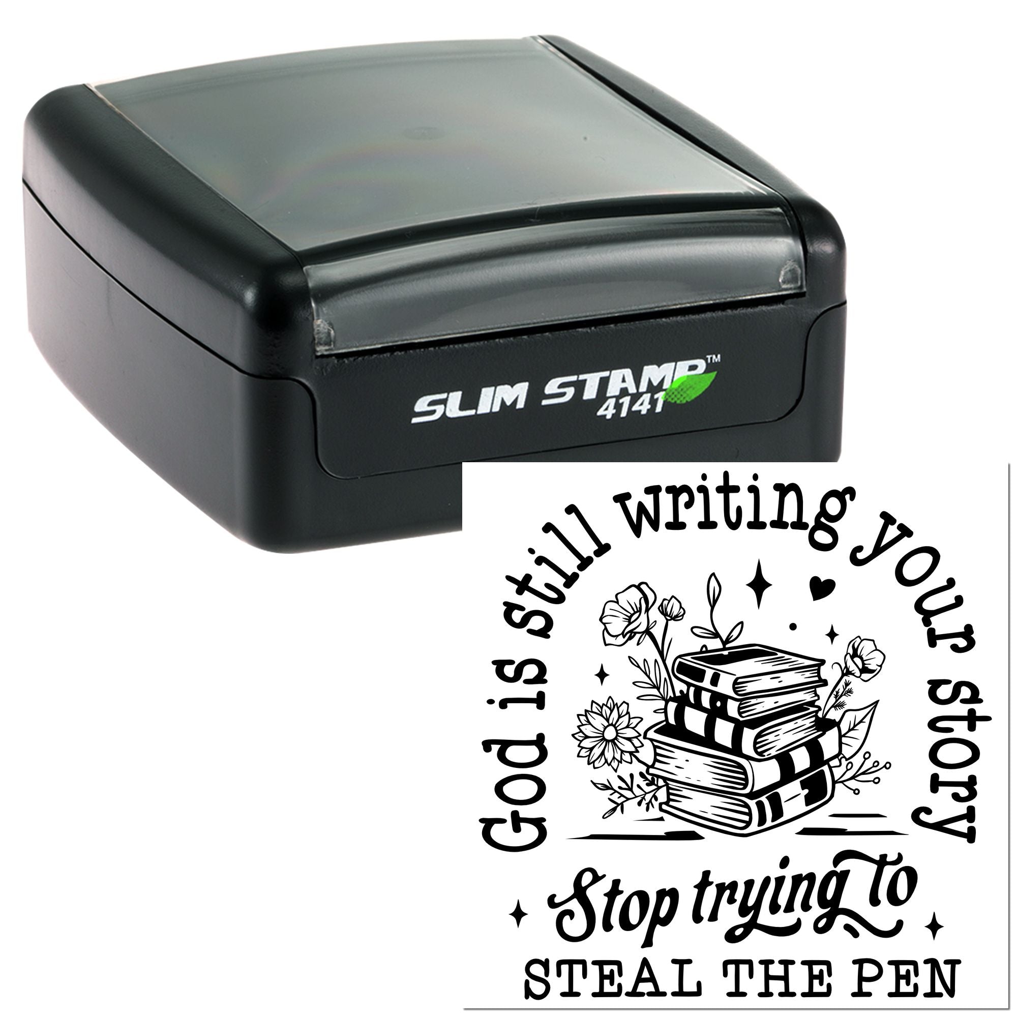 Self-inking custom rubber stamp with inspirational quote for writers and teachers, featuring books and floral artwork.