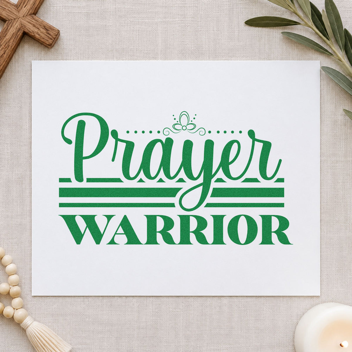 Prayer Warrior Flourish craft stamp imprint in green ink on a handmade project, one idea being intercessor gifts.
