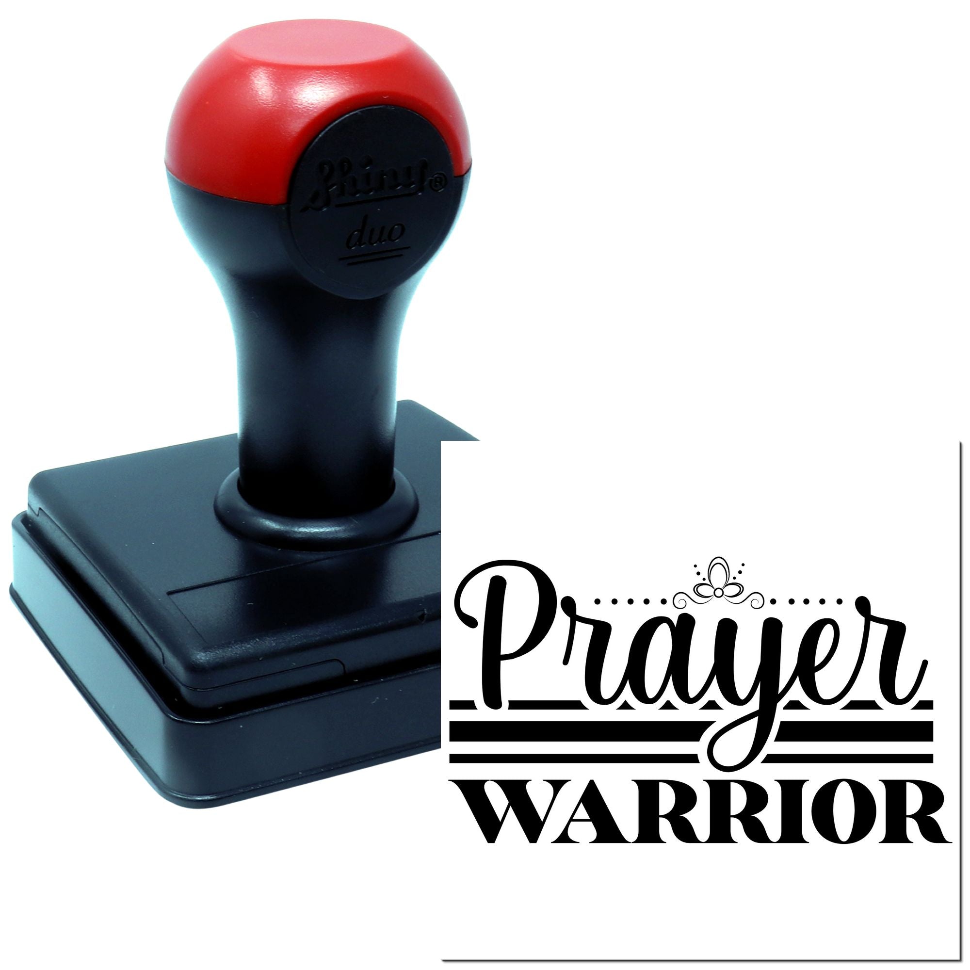 Custom self-inking rubber stamp with Prayer Warrior design for faith-based cards, gifts, and church crafts.