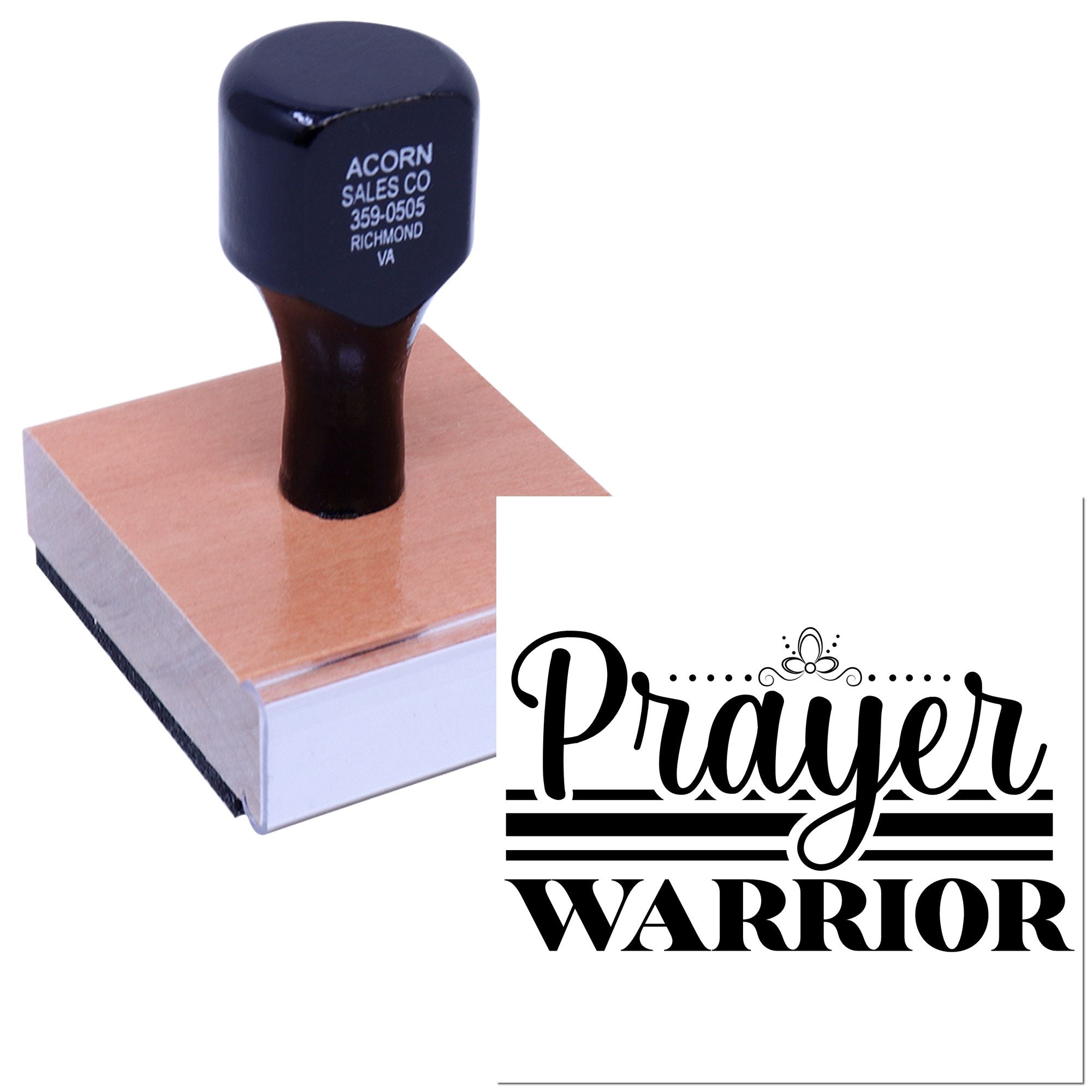 Custom Prayer Warrior rubber stamp with decorative typography for church crafts, cards, and faith-based projects.
