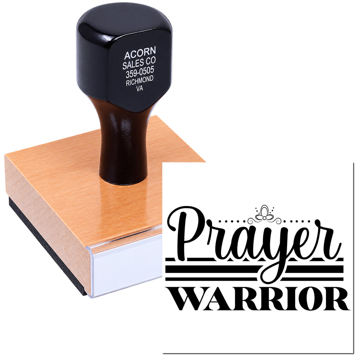 Custom Prayer Warrior rubber stamp with decorative typography for church crafts, cards, and faith-based projects.