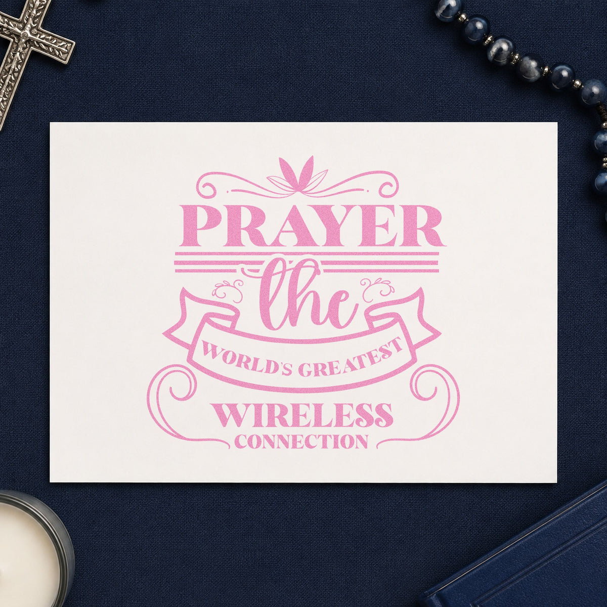 Prayer Wireless Ribbon craft stamp in purple ink on cardstock, an easy option for it department gifts.