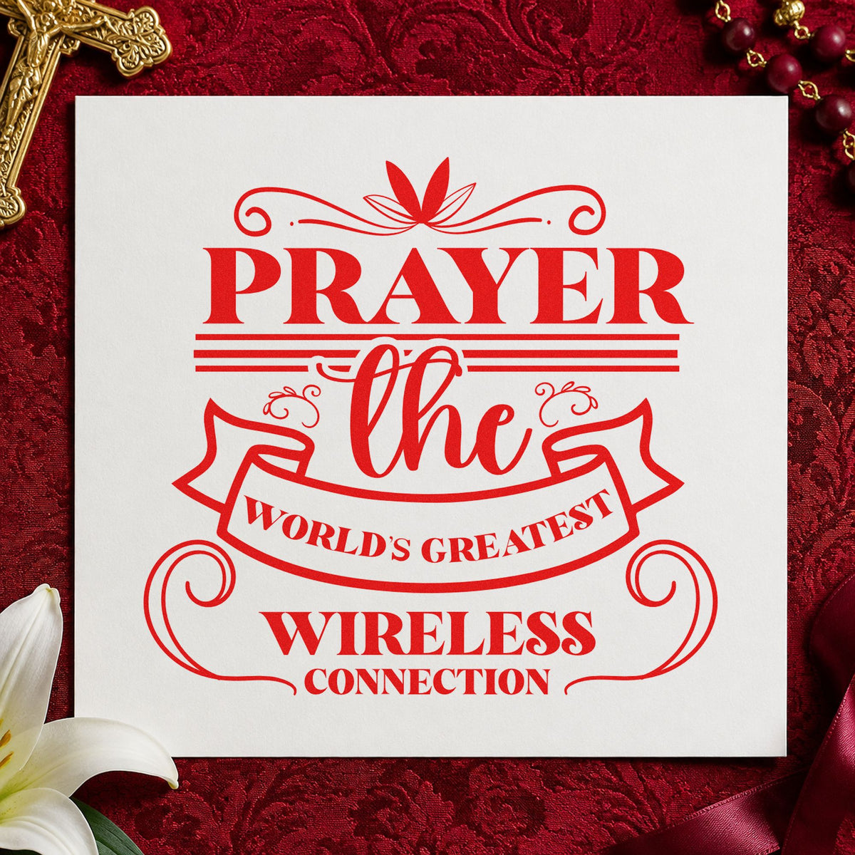 Prayer Wireless Ribbon rubber stamp shown in red ink, stamped for projects such as grandparent notes.