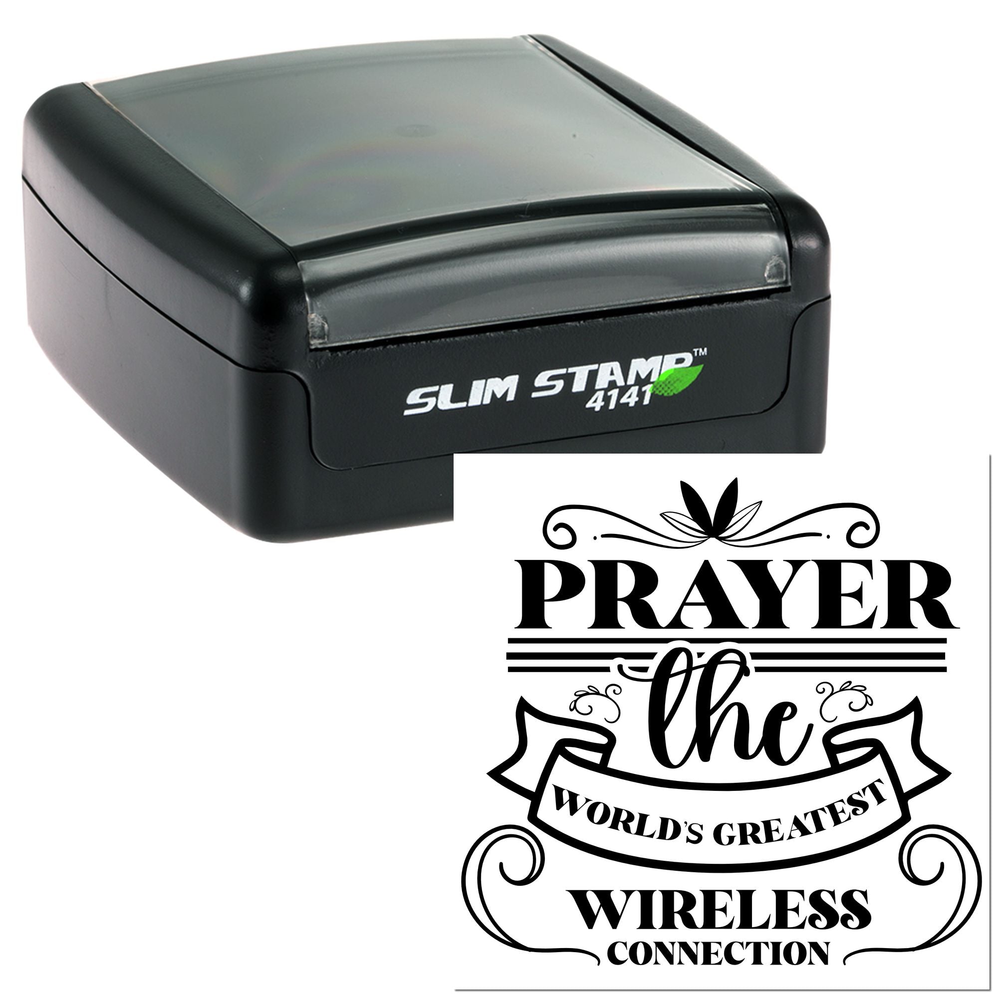Slim Stamp 4141 custom rubber stamp with prayer worlds greatest wireless connection design.