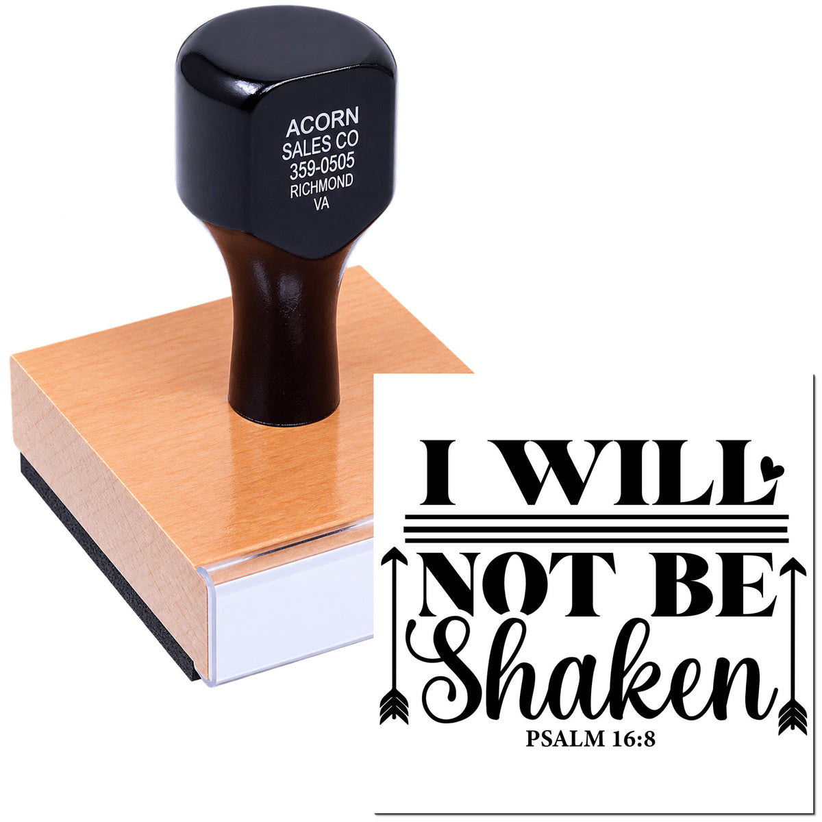 Custom rubber stamp featuring I Will Not Be Shaken Psalm 16:8 design for faith-based cards, journals, and crafts.