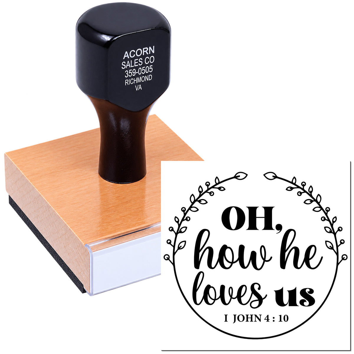 Custom self-inking rubber stamp featuring Oh, how he loves us with I John 4:10 verse for Christian crafts.