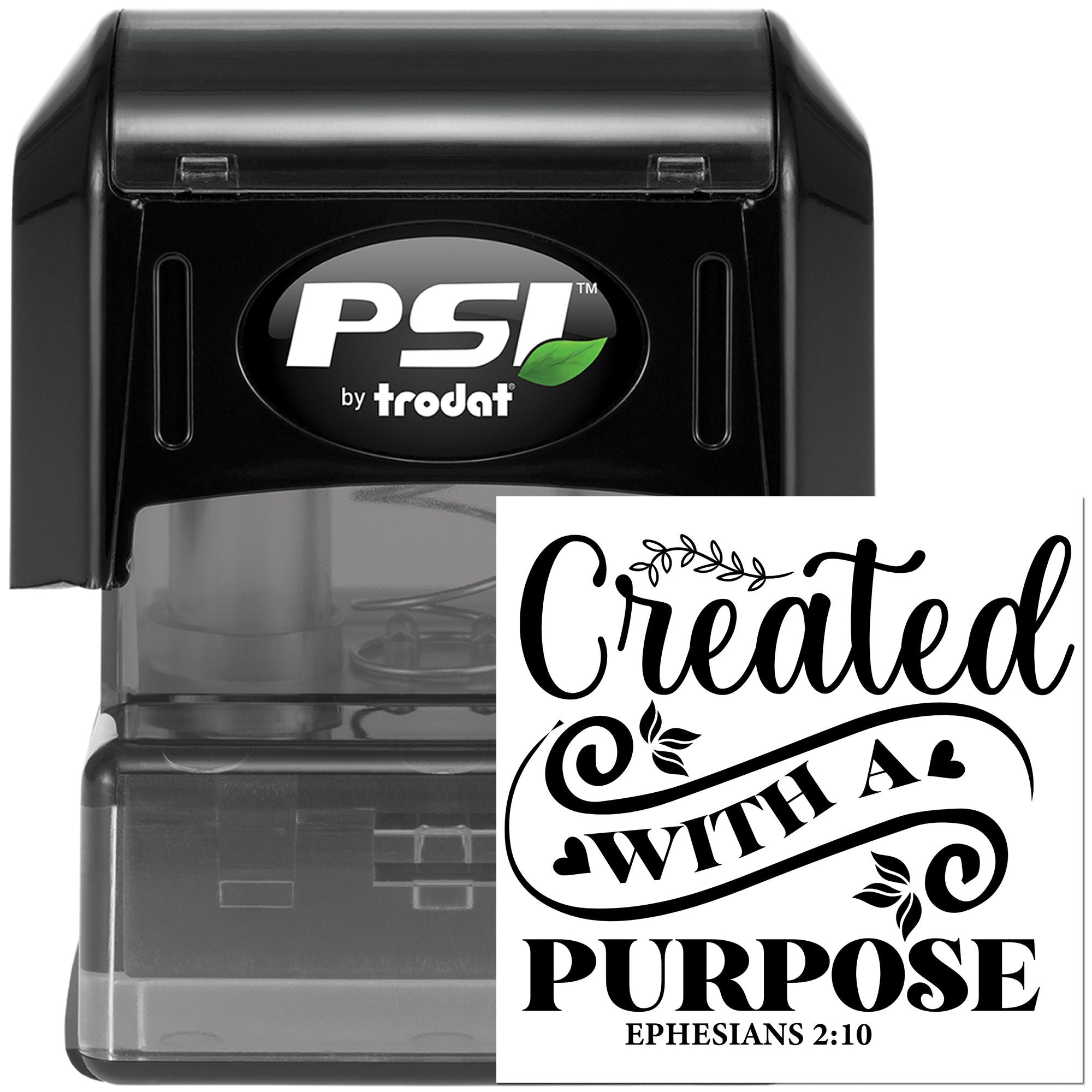 Self-inking rubber stamp with custom Christian design reading Created with a Purpose and Ephesians 2:10.
