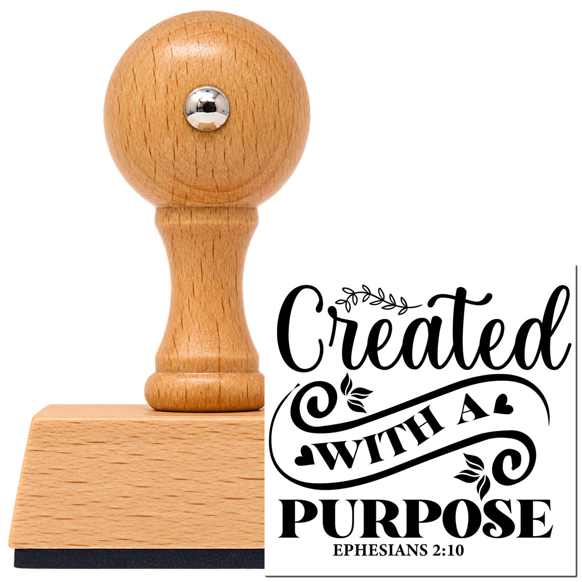 Created With A Purpose Flourish Vintage Pro rubber stamp in European beech wood with a round knob handle, shown beside its black imprint.
