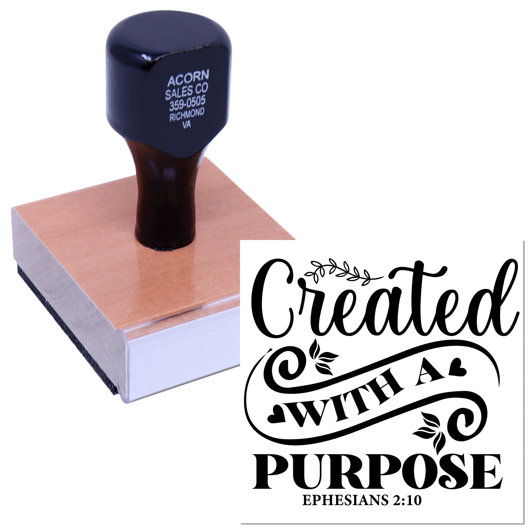 Custom rubber stamp for Christian crafts featuring Created with a Purpose inspirational design.