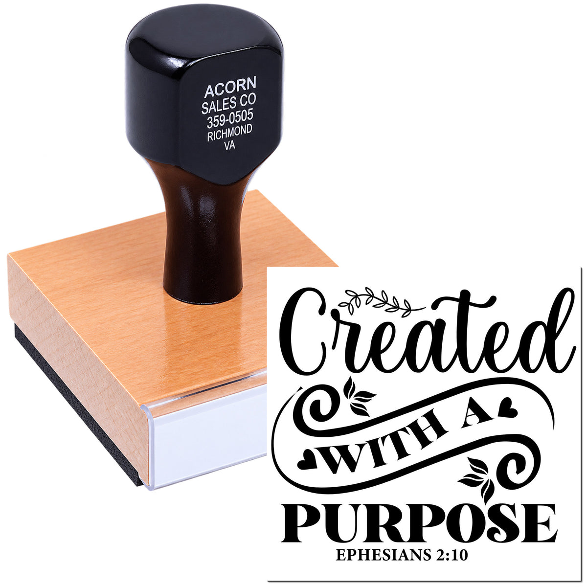 Custom rubber stamp for Christian crafts featuring Created with a Purpose inspirational design.